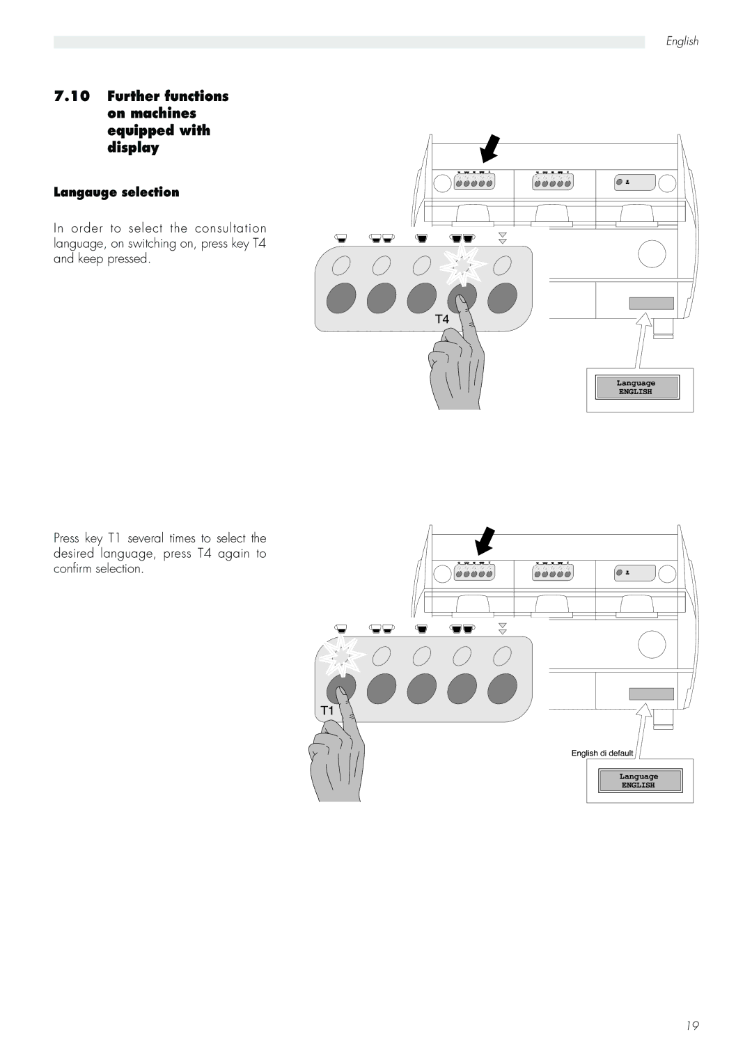 Saeco Coffee Makers Aroma manual Further functions on machines equipped with display, Langauge selection 