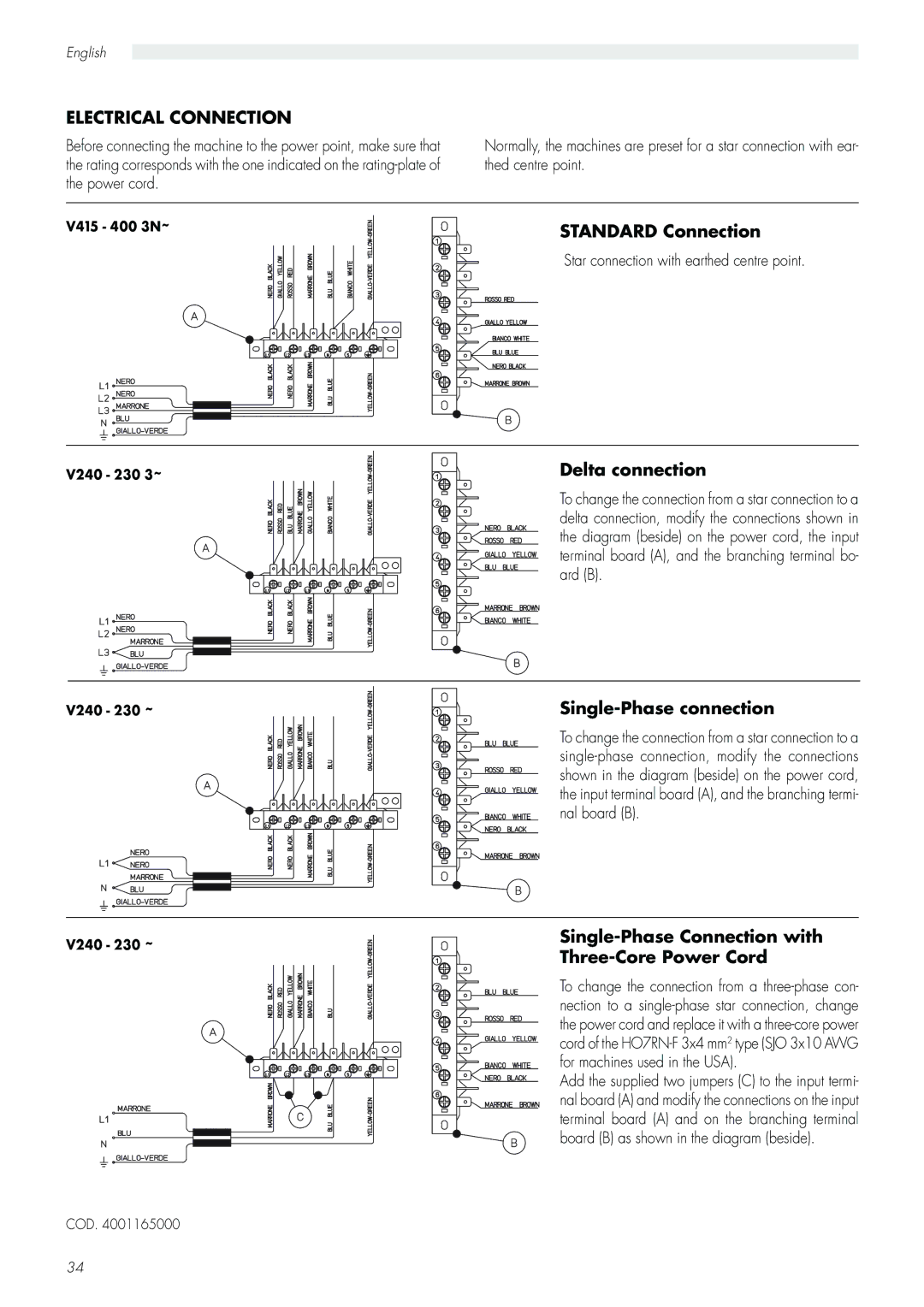 Saeco Coffee Makers Aroma manual Standard Connection, Delta connection, Single-Phase connection 