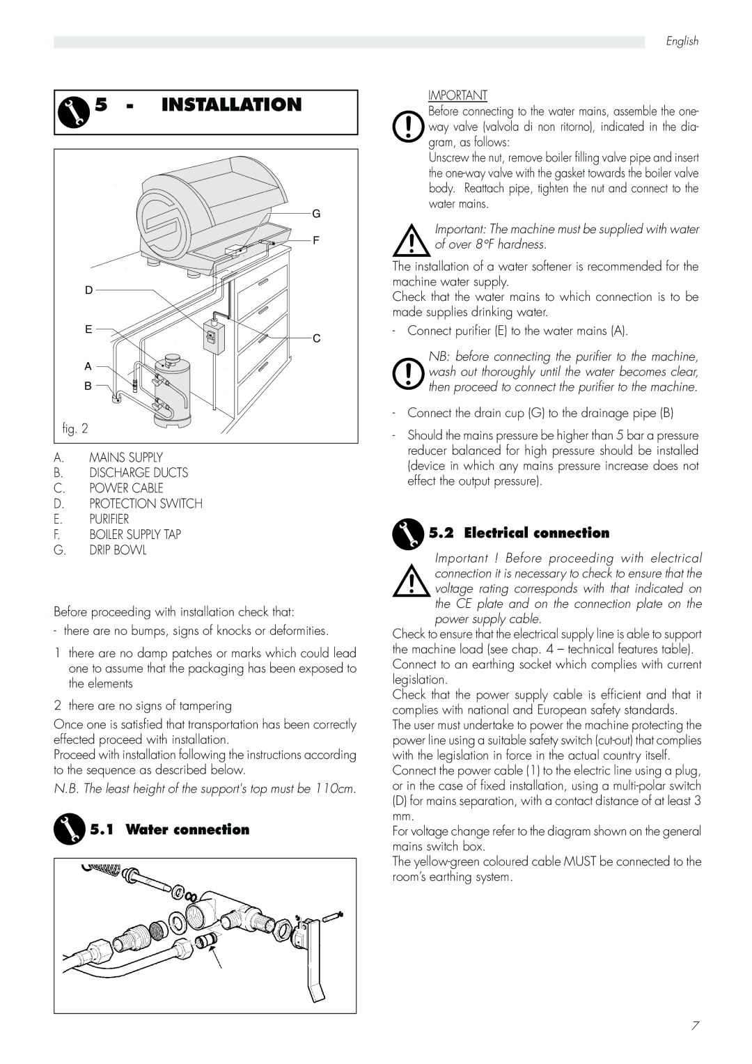 Saeco Coffee Makers Aroma manual Installation, Water connection, Electrical connection 