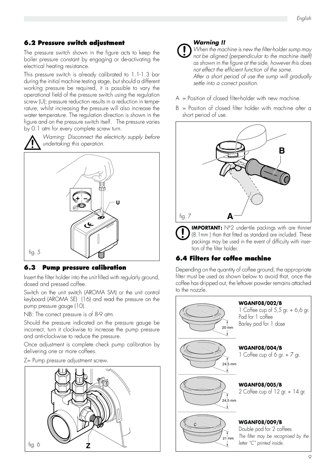 Saeco Coffee Makers Aroma manual Pressure switch adjustment, Pump pressure calibration, Filters for coffee machine 