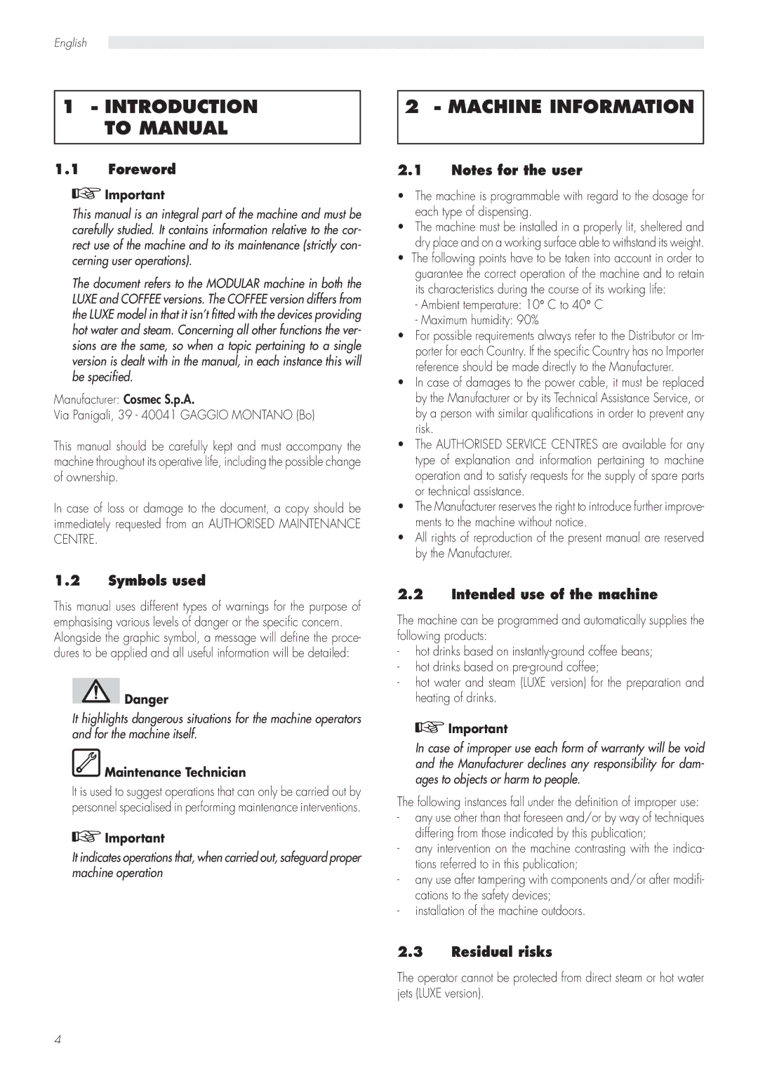 Saeco Coffee Makers CAP001/A manual Introduction to Manual, Machine Information 