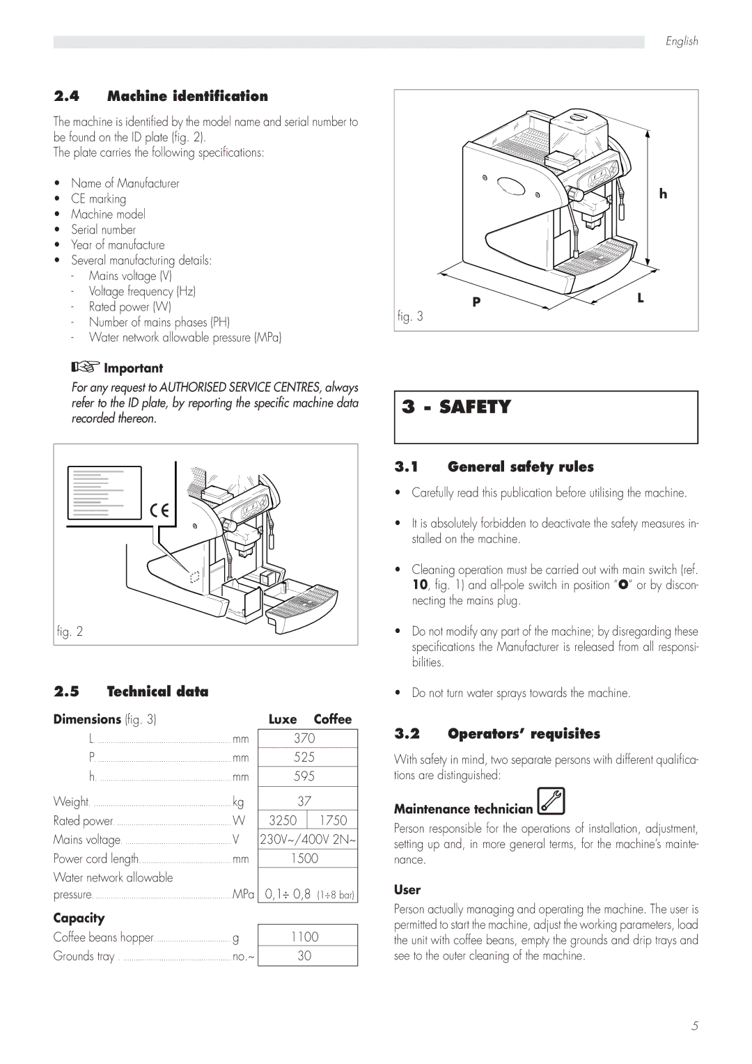 Saeco Coffee Makers CAP001/A Safety, Machine identification, Technical data, General safety rules, Operators’ requisites 