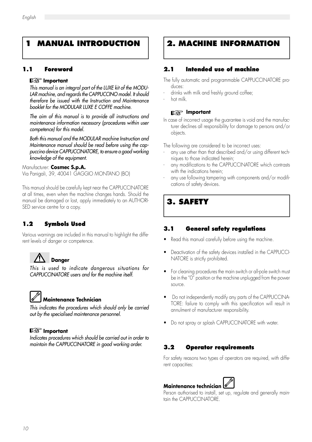 Saeco Coffee Makers CAP001B manual Manual Introduction, Machine Information, Safety 