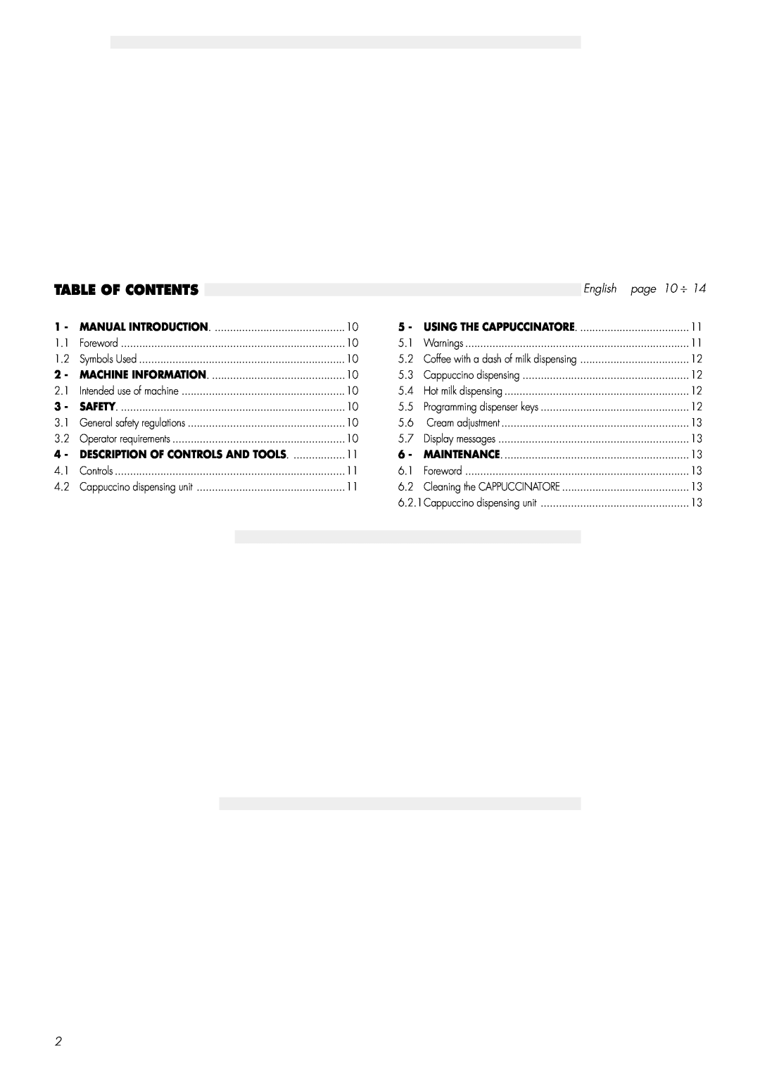 Saeco Coffee Makers CAP001B manual Table Of Contents, English page 10 ⎟, Description Of Controls And Tools 