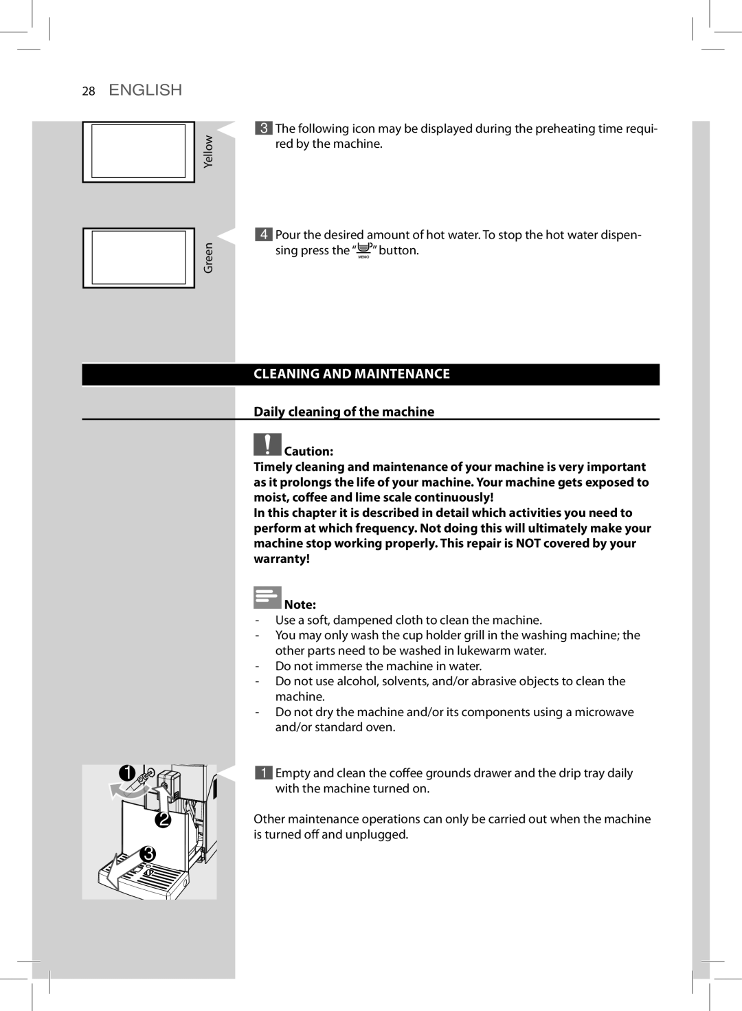 Saeco Coffee Makers HD8764, HD8761 manual Cleaning and Maintenance, Daily cleaning of the machine 