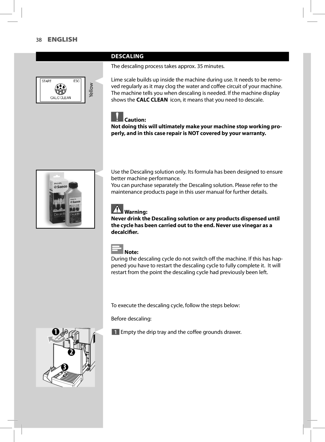 Saeco Coffee Makers HD8764, HD8761 manual Descaling process takes approx minutes 