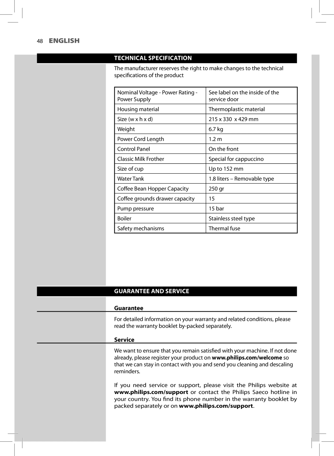 Saeco Coffee Makers HD8764, HD8761 manual Technical Specification, Guarantee and Service 