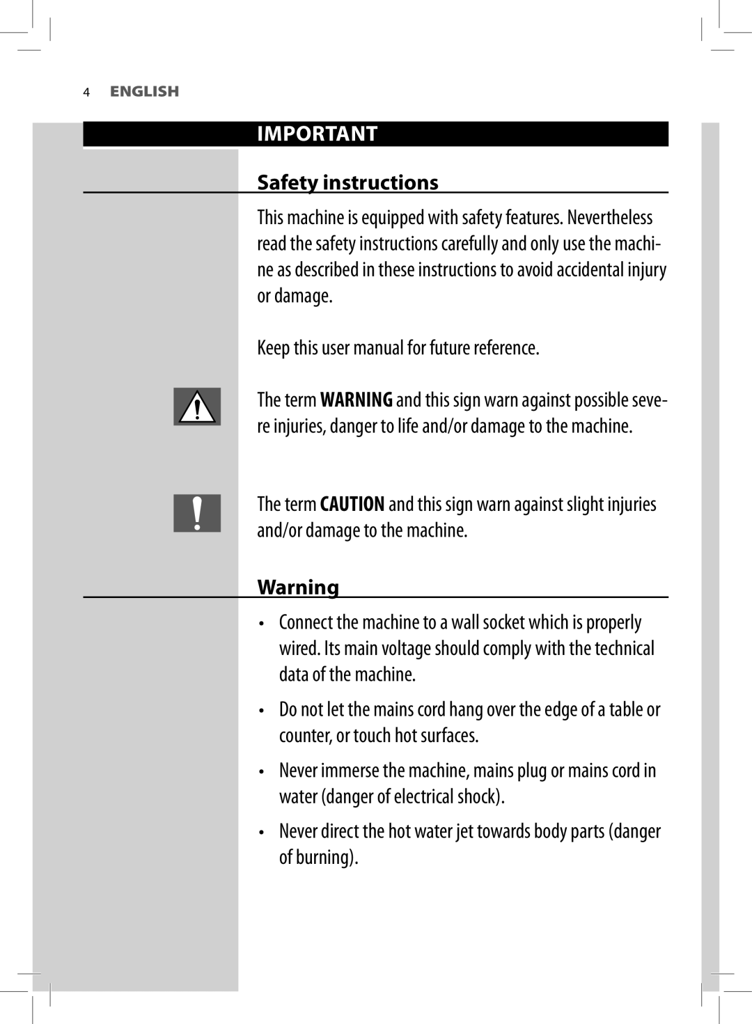 Saeco Coffee Makers HD8764, HD8761 manual Safety instructions 