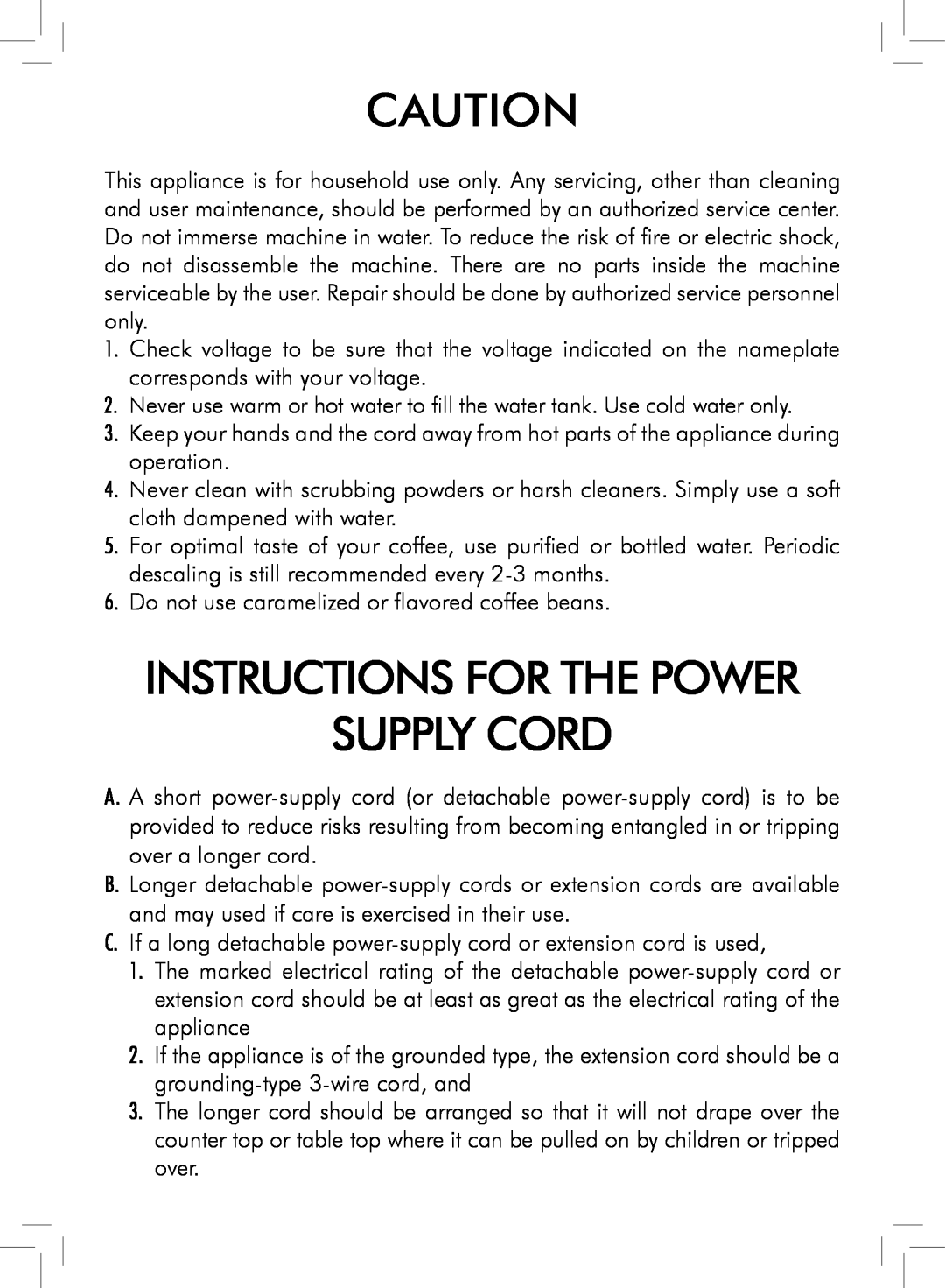 Saeco Coffee Makers HD8761, HD8764 manual Instructions For The Power Supply Cord 