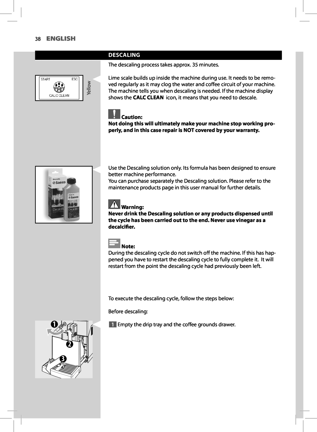 Saeco Coffee Makers HD8764, HD8761 manual English, Descaling 