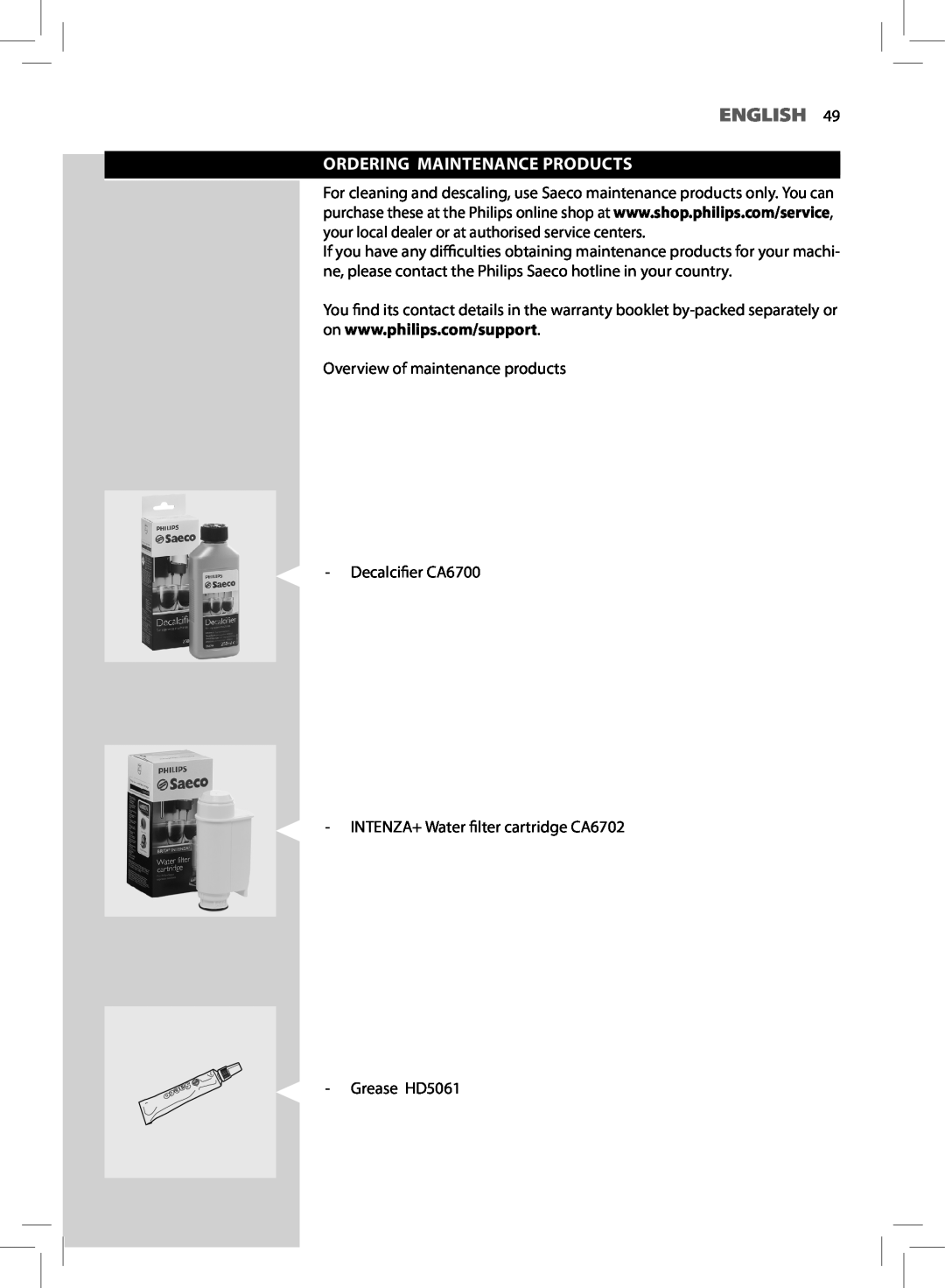 Saeco Coffee Makers HD8761 English, Ordering Maintenance Products, Overview of maintenance products Decalcifier CA6700 