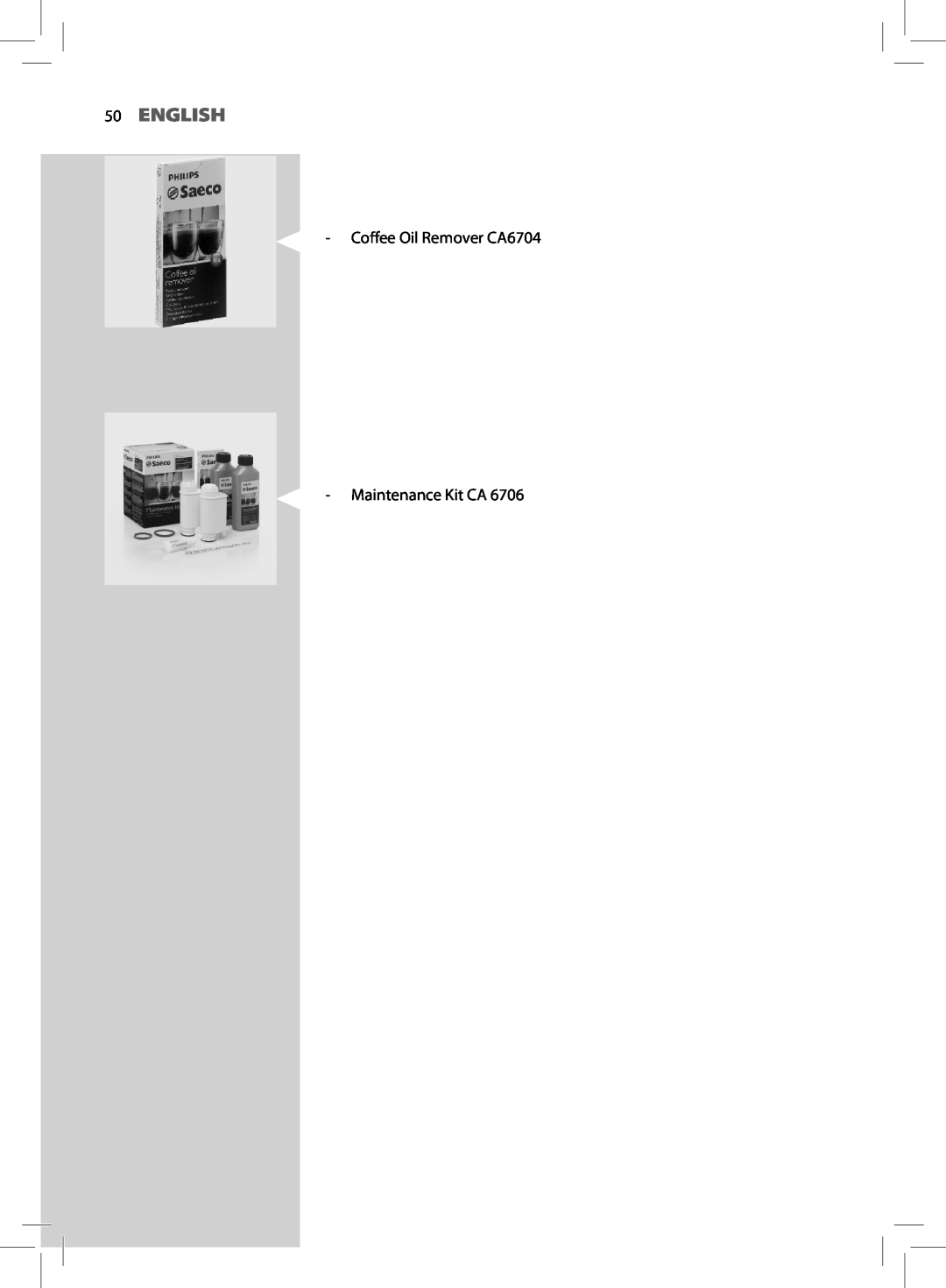 Saeco Coffee Makers HD8764, HD8761 manual English, Coffee Oil Remover CA6704 Maintenance Kit CA 