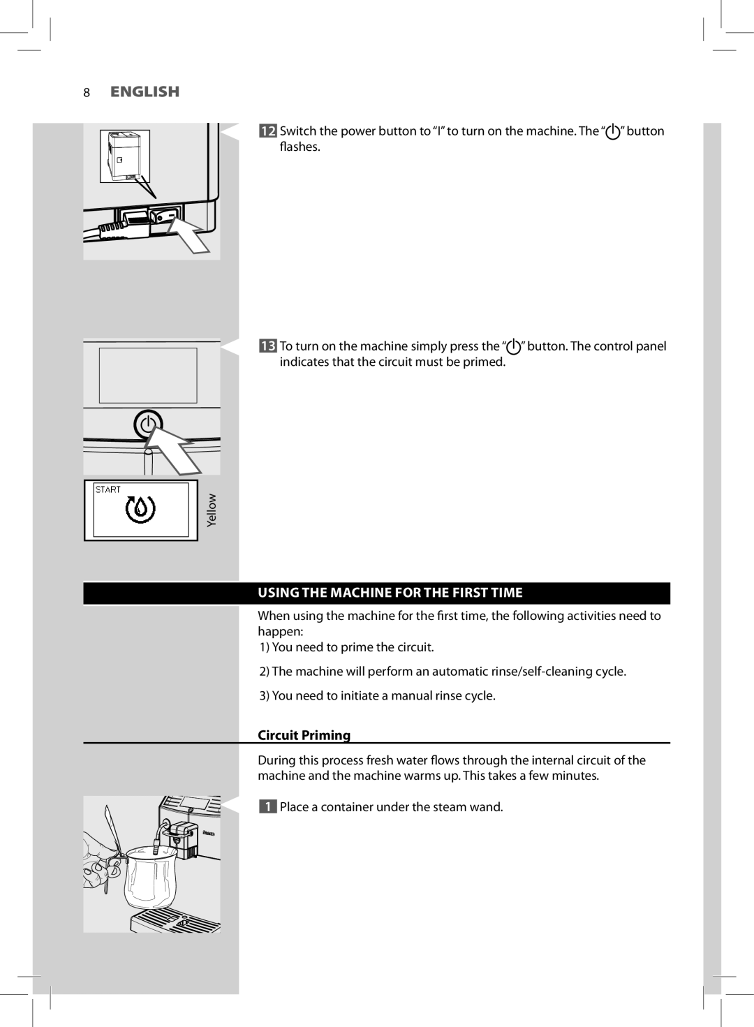 Saeco Coffee Makers HD8772 user manual Using the Machine for the First Time, Circuit Priming 