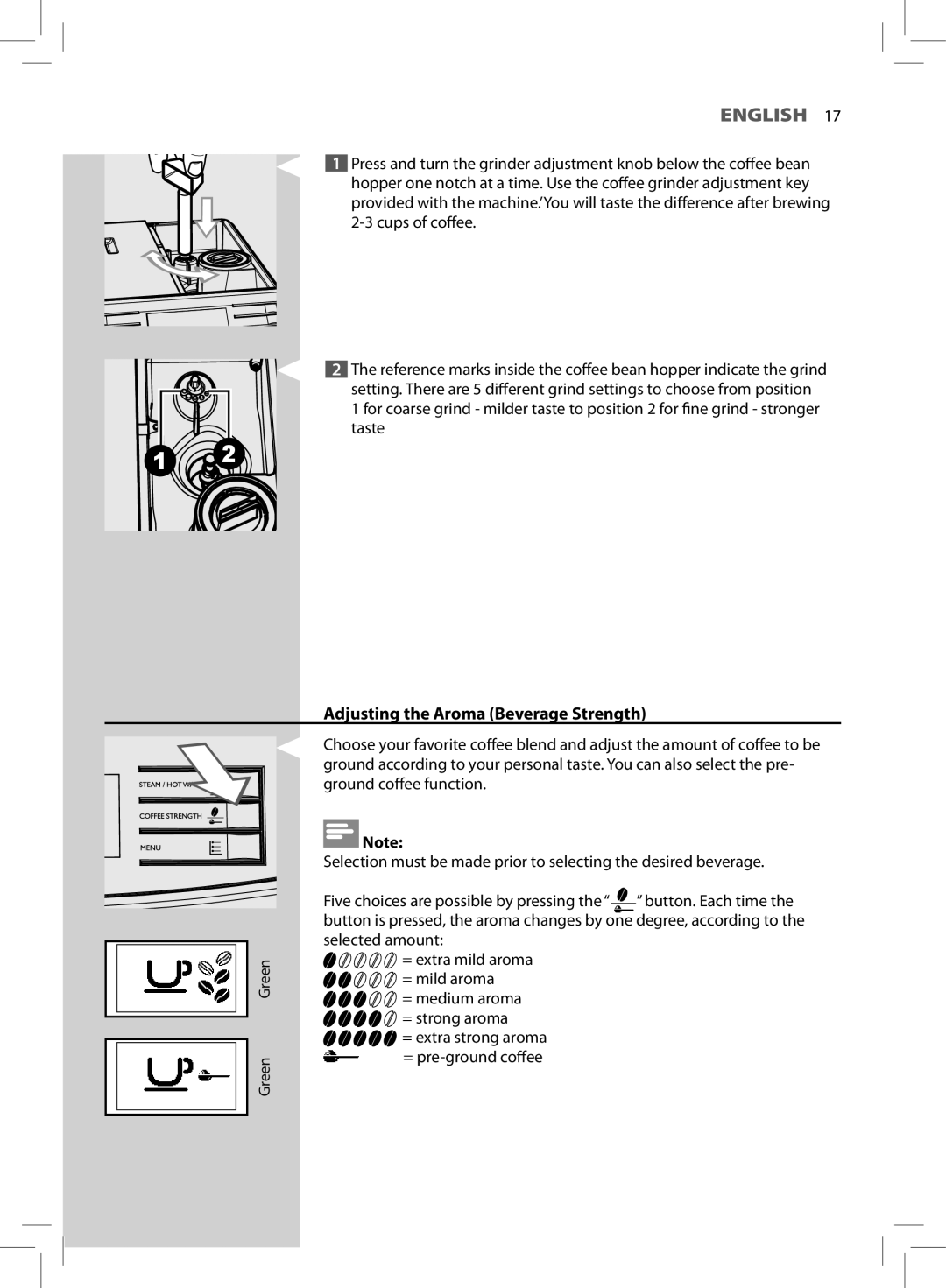 Saeco Coffee Makers HD8772 user manual Adjusting the Aroma Beverage Strength 