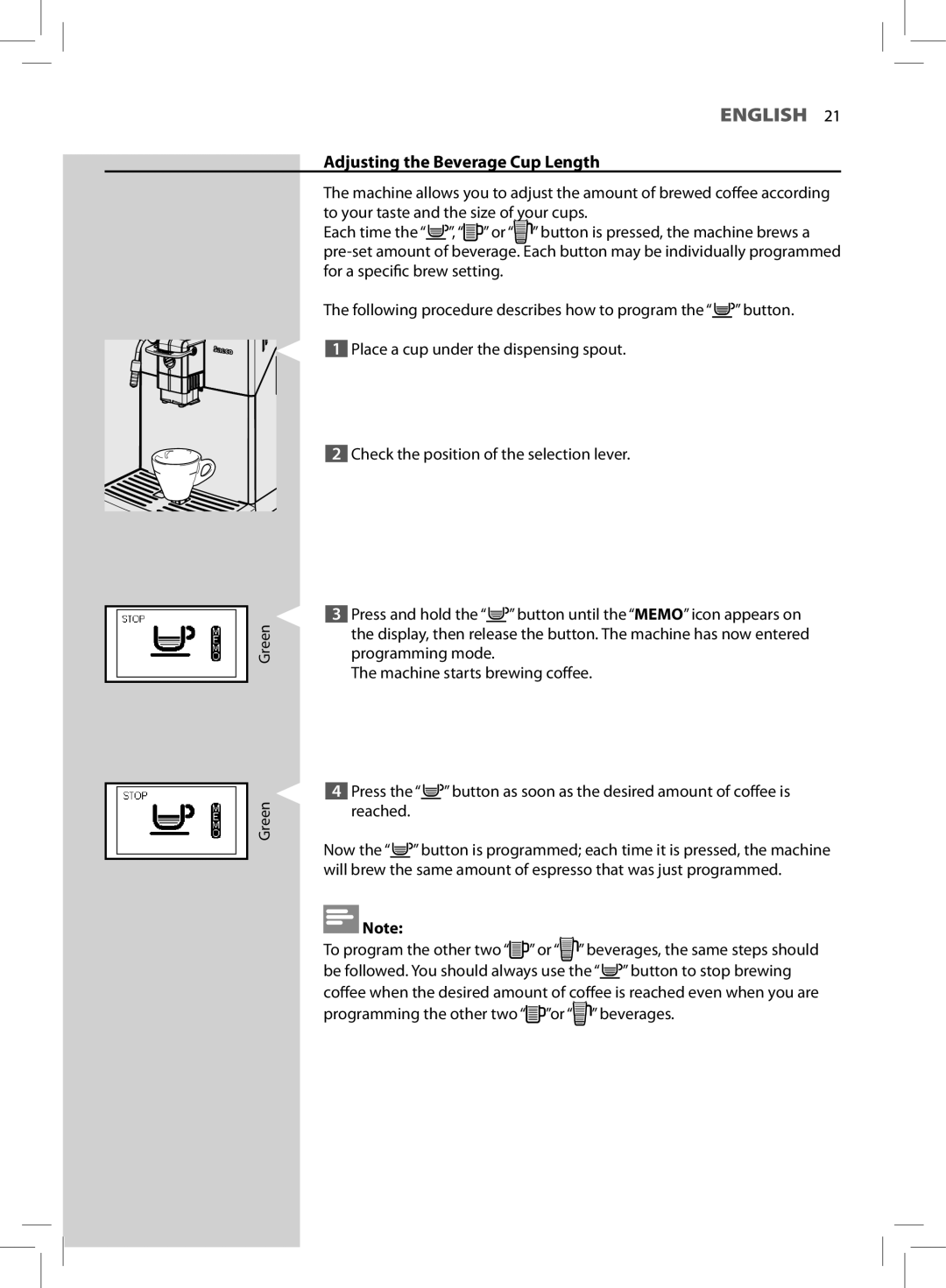 Saeco Coffee Makers HD8772 user manual Adjusting the Beverage Cup Length 