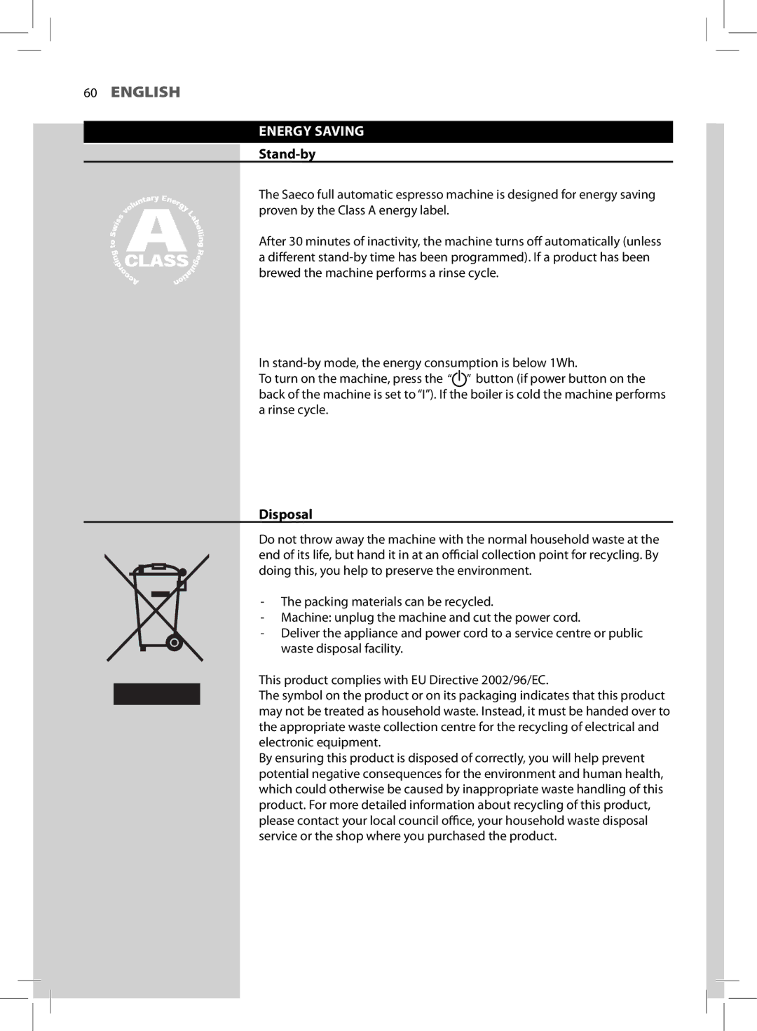 Saeco Coffee Makers HD8772 user manual Energy Saving, Stand-by, Disposal 