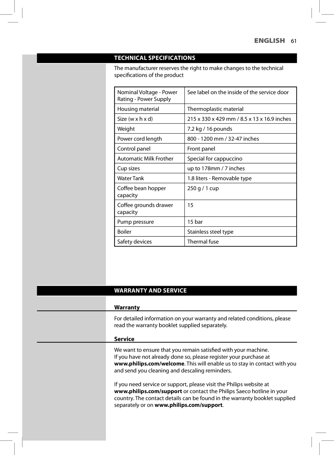 Saeco Coffee Makers HD8772 user manual Technical Specifications, Warranty and Service 