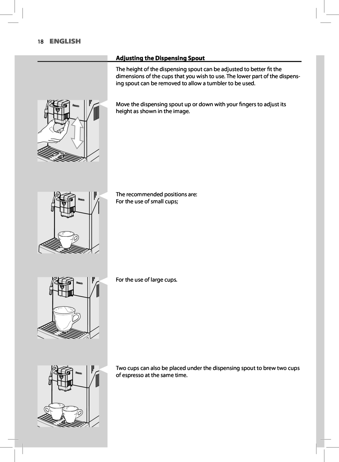 Saeco Coffee Makers HD8772 user manual English, Adjusting the Dispensing Spout 
