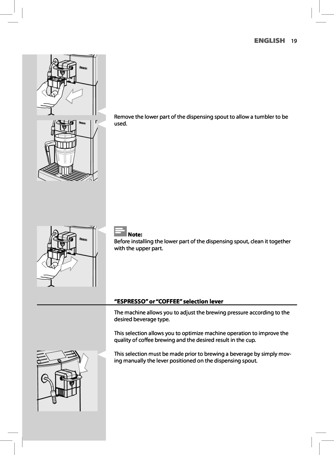 Saeco Coffee Makers HD8772 user manual English, “ESPRESSO” or “COFFEE” selection lever 