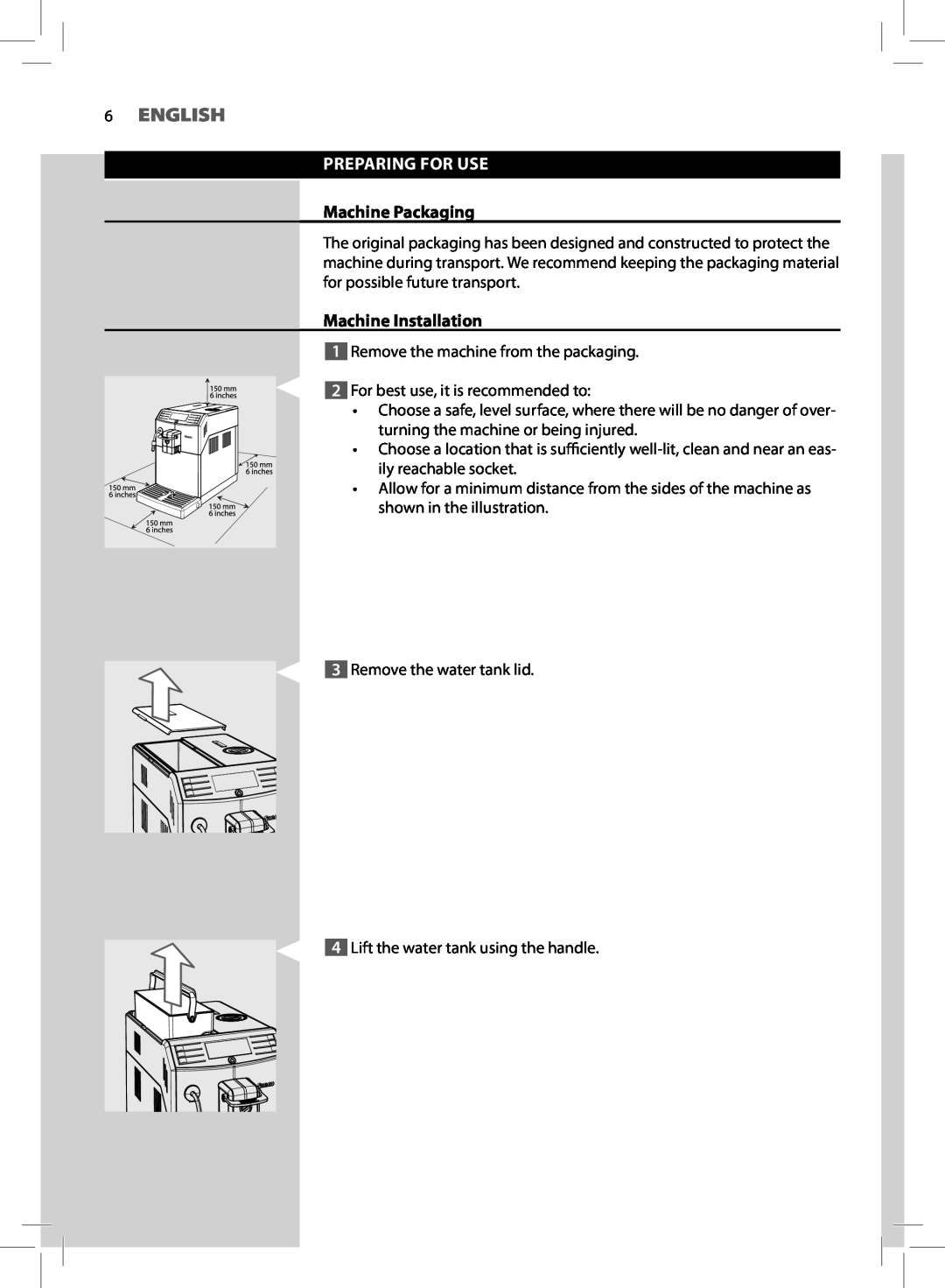 Saeco Coffee Makers HD8772 user manual English, Preparing For Use, Machine Packaging, Machine Installation 