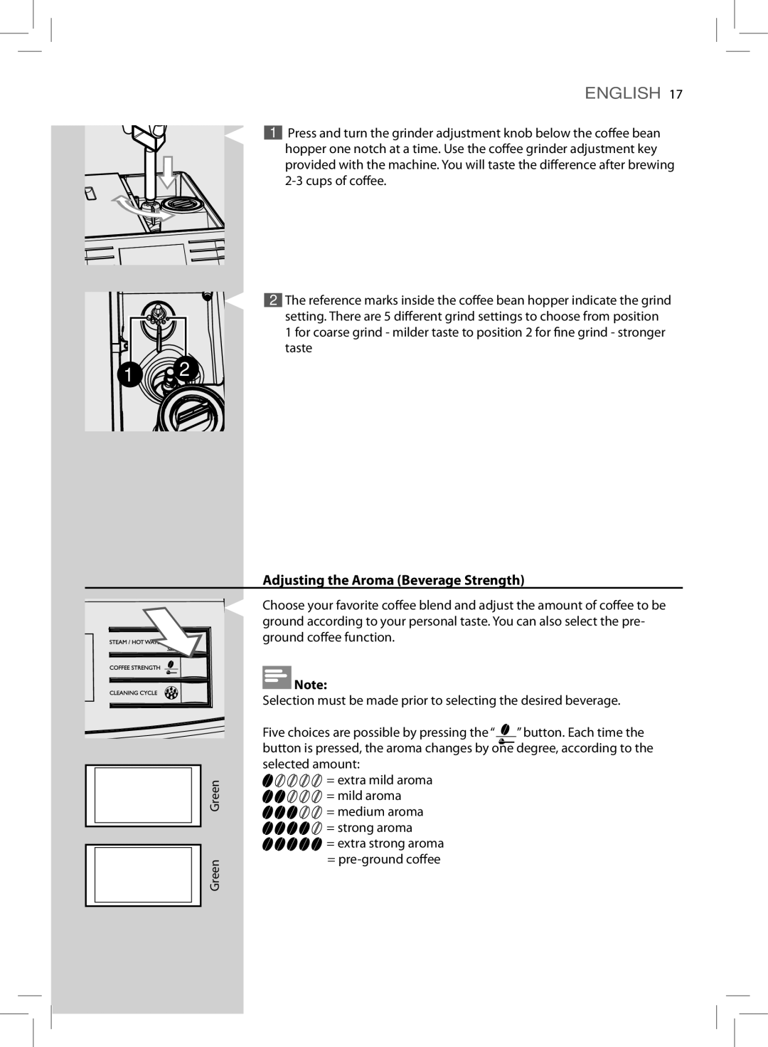 Saeco Coffee Makers HD8775 user manual Adjusting the Aroma Beverage Strength 