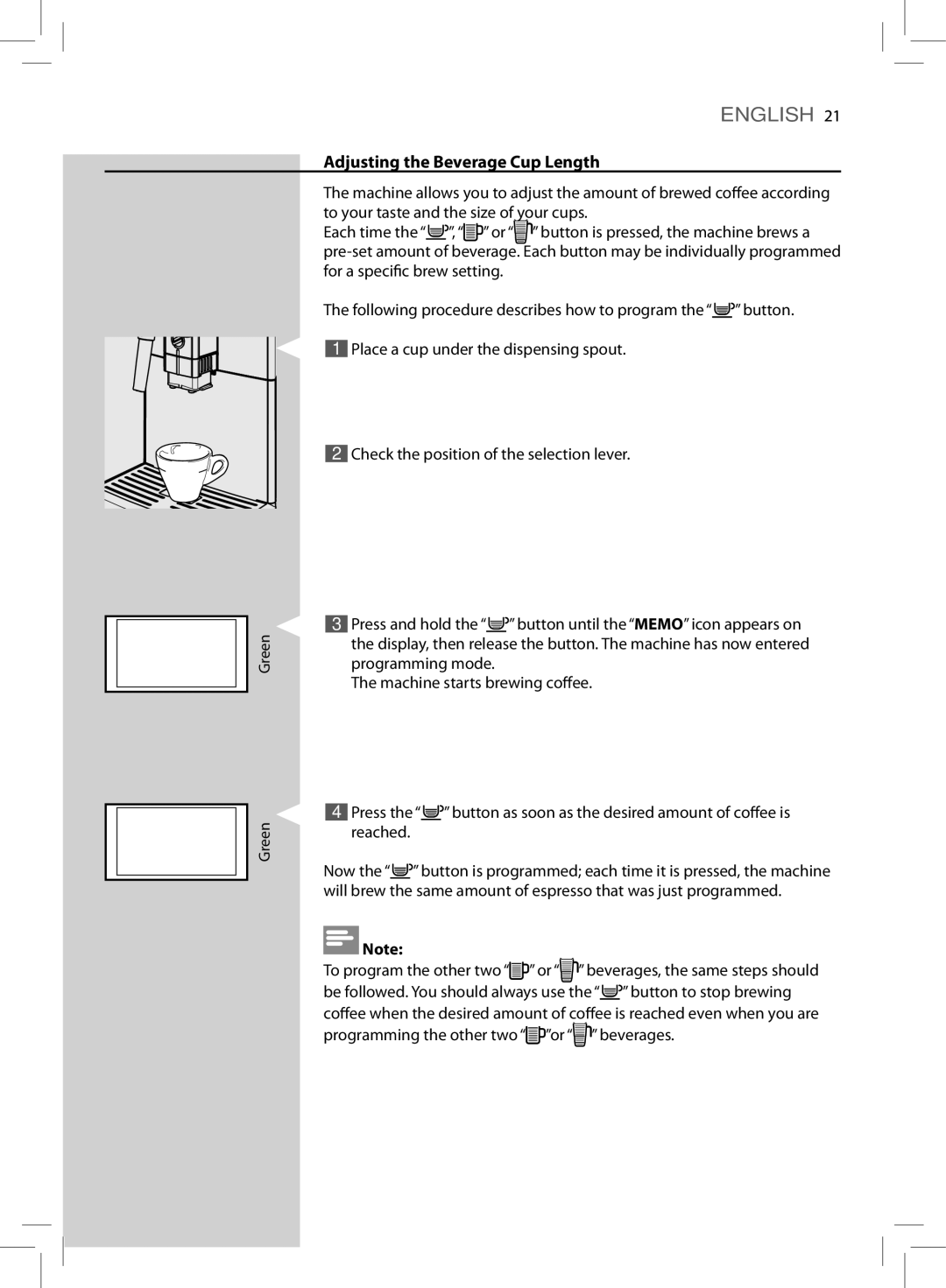 Saeco Coffee Makers HD8775 user manual Adjusting the Beverage Cup Length 