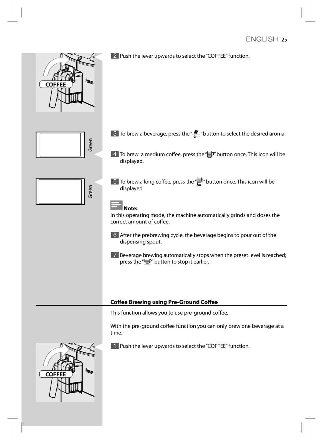 Saeco Coffee Makers HD8775 user manual Coffee Brewing using Pre-Ground Coffee 