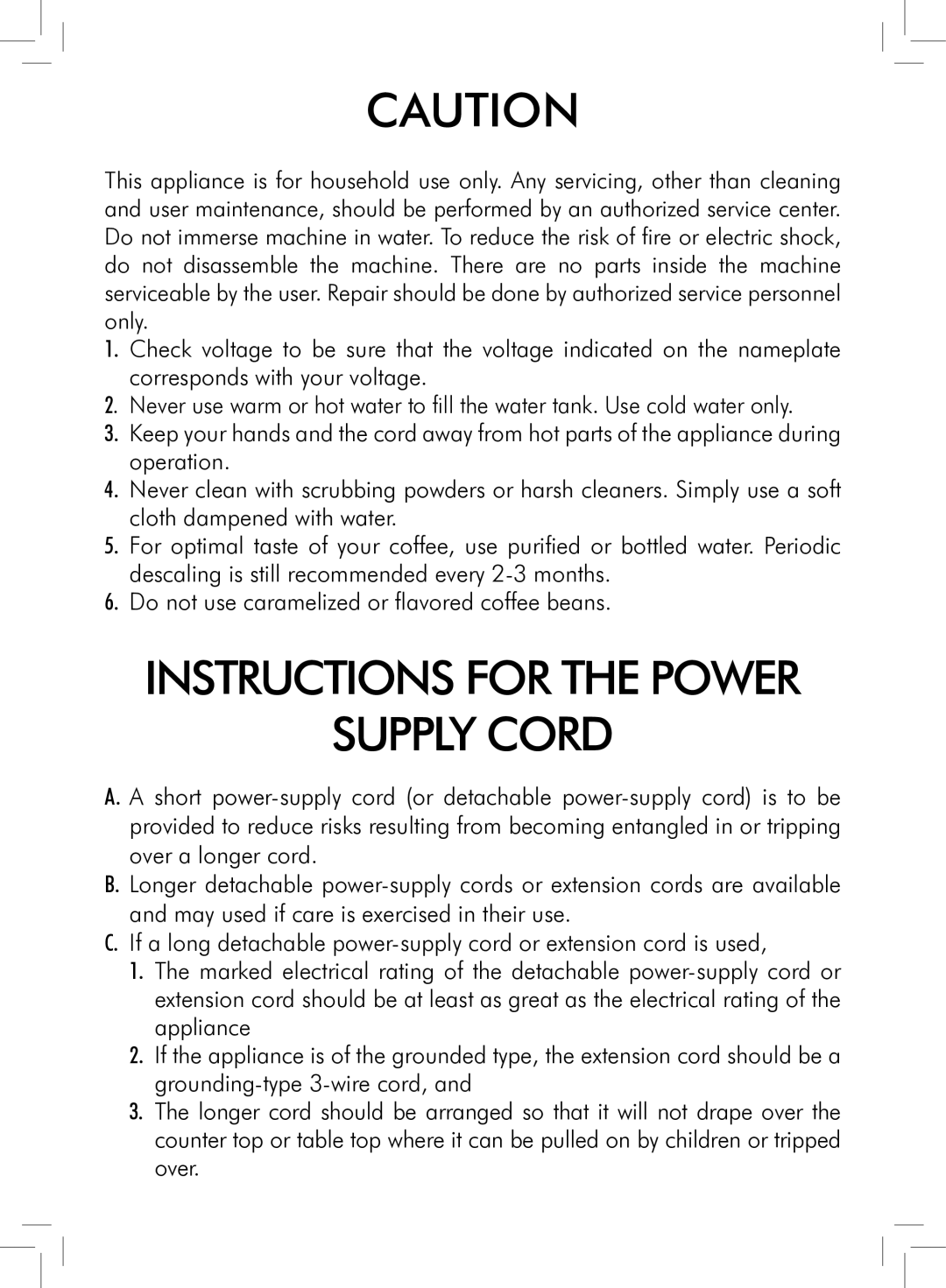 Saeco Coffee Makers HD8775 user manual Instructions for the Power Supply Cord 