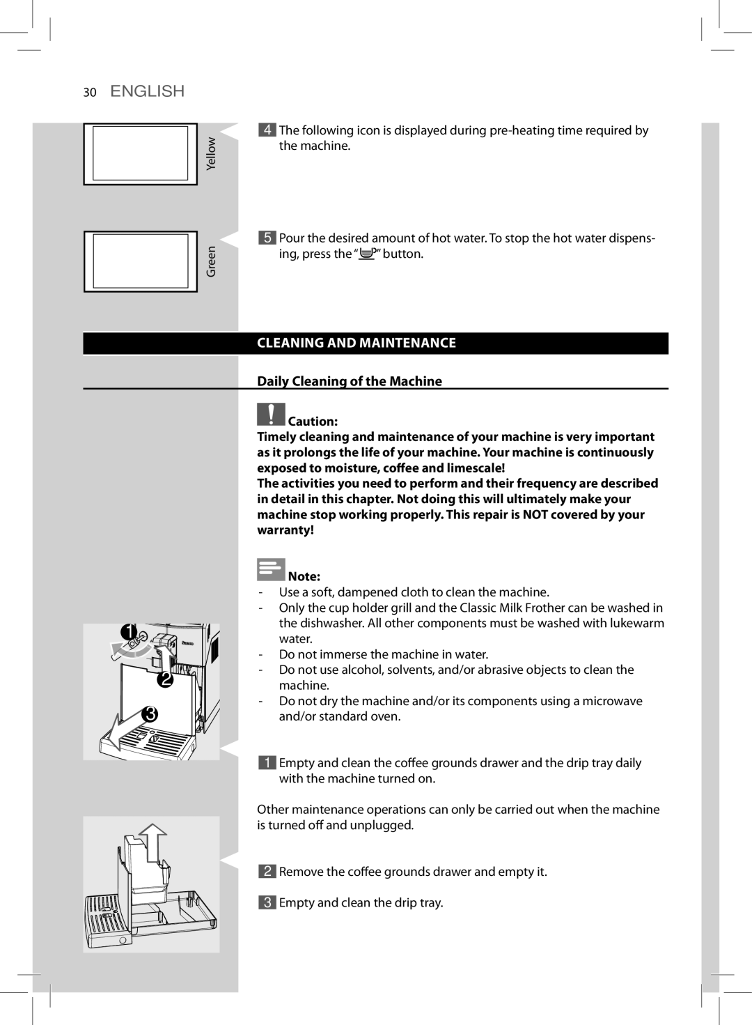 Saeco Coffee Makers HD8775 user manual Cleaning and Maintenance, Daily Cleaning of the Machine 