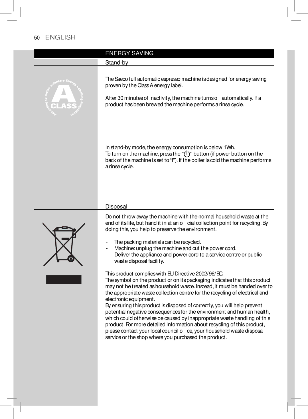 Saeco Coffee Makers HD8775 user manual Energy Saving, Stand-by, Disposal 