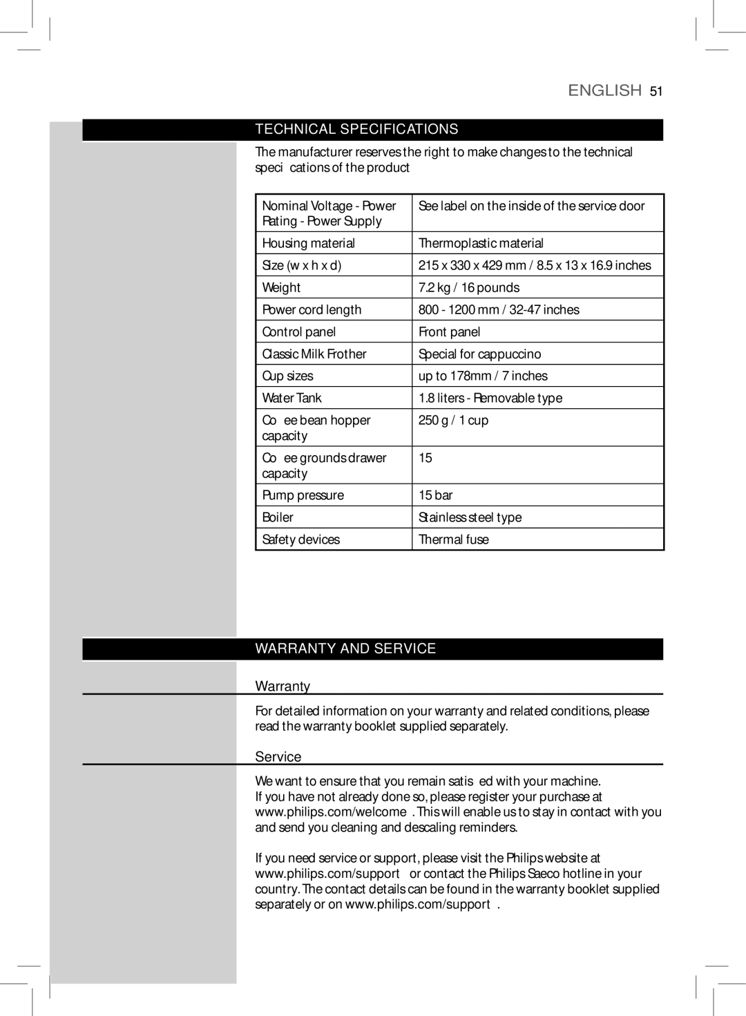 Saeco Coffee Makers HD8775 user manual Technical Specifications, Warranty and Service 