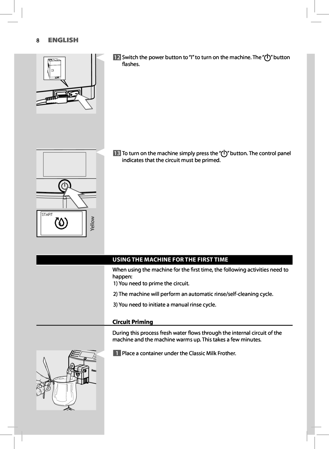 Saeco Coffee Makers HD8775 user manual 8ENGLISH, Using The Machine For The First Time, Circuit Priming 