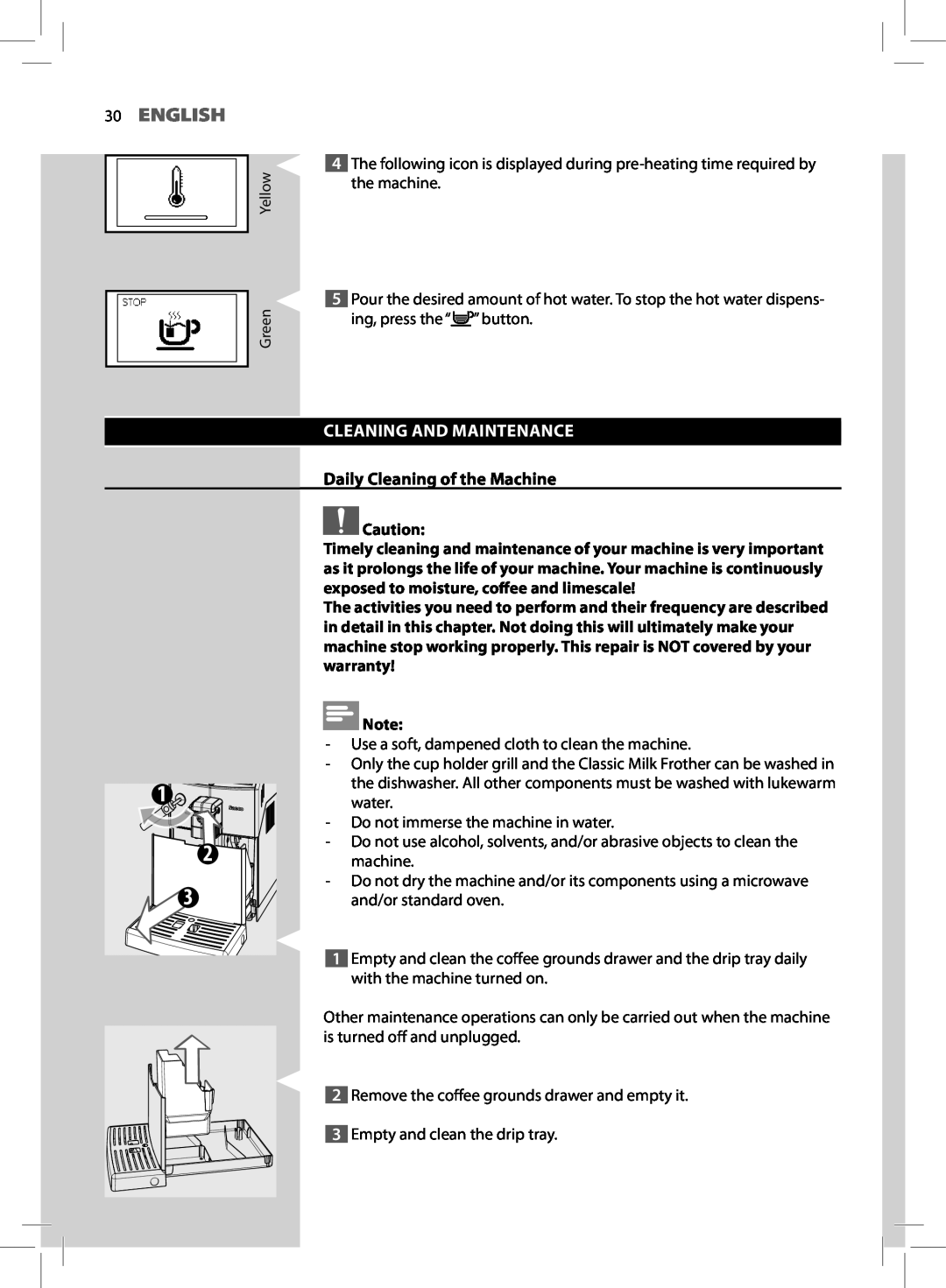 Saeco Coffee Makers HD8775 user manual 30ENGLISH, Cleaning And Maintenance, Daily Cleaning of the Machine 