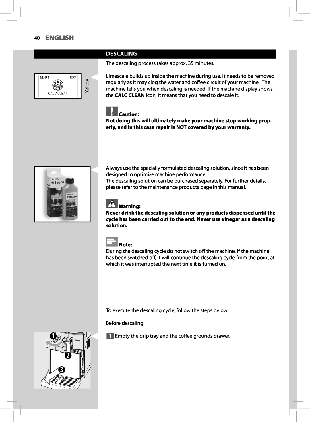 Saeco Coffee Makers HD8775 user manual 40ENGLISH, Descaling 