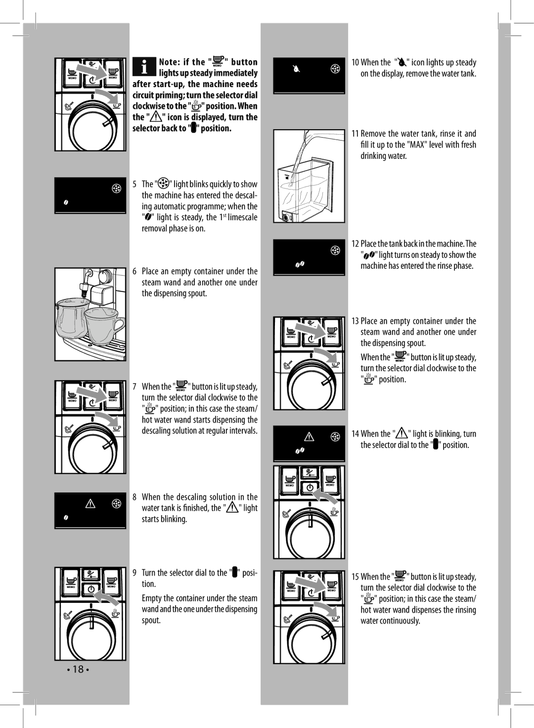 Saeco Coffee Makers HD8833 When the button is lit up steady, Turn the selector dial to the posi- tion, Water continuously 