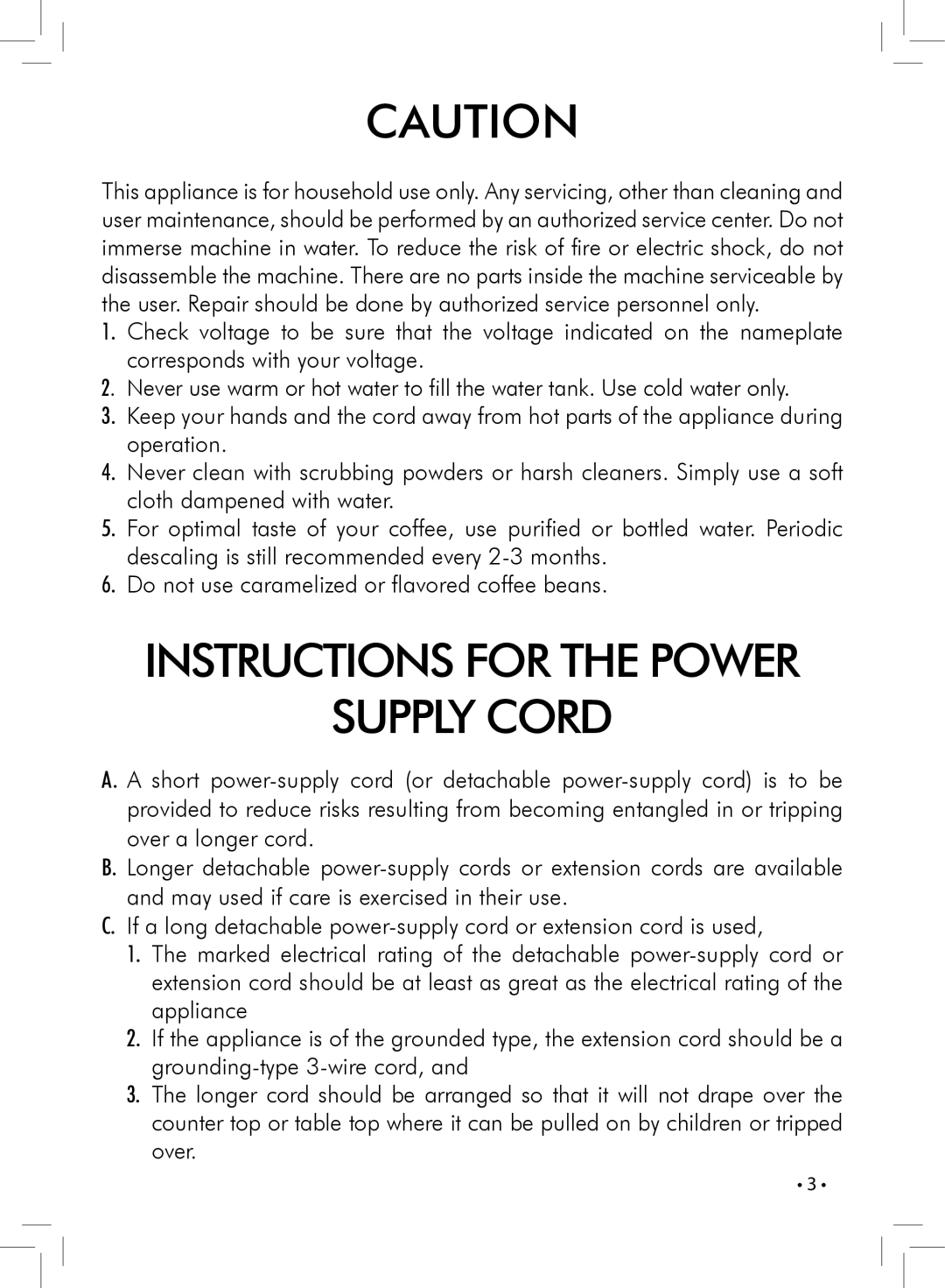 Saeco Coffee Makers HD8833 manual Instructions for the Power Supply Cord 