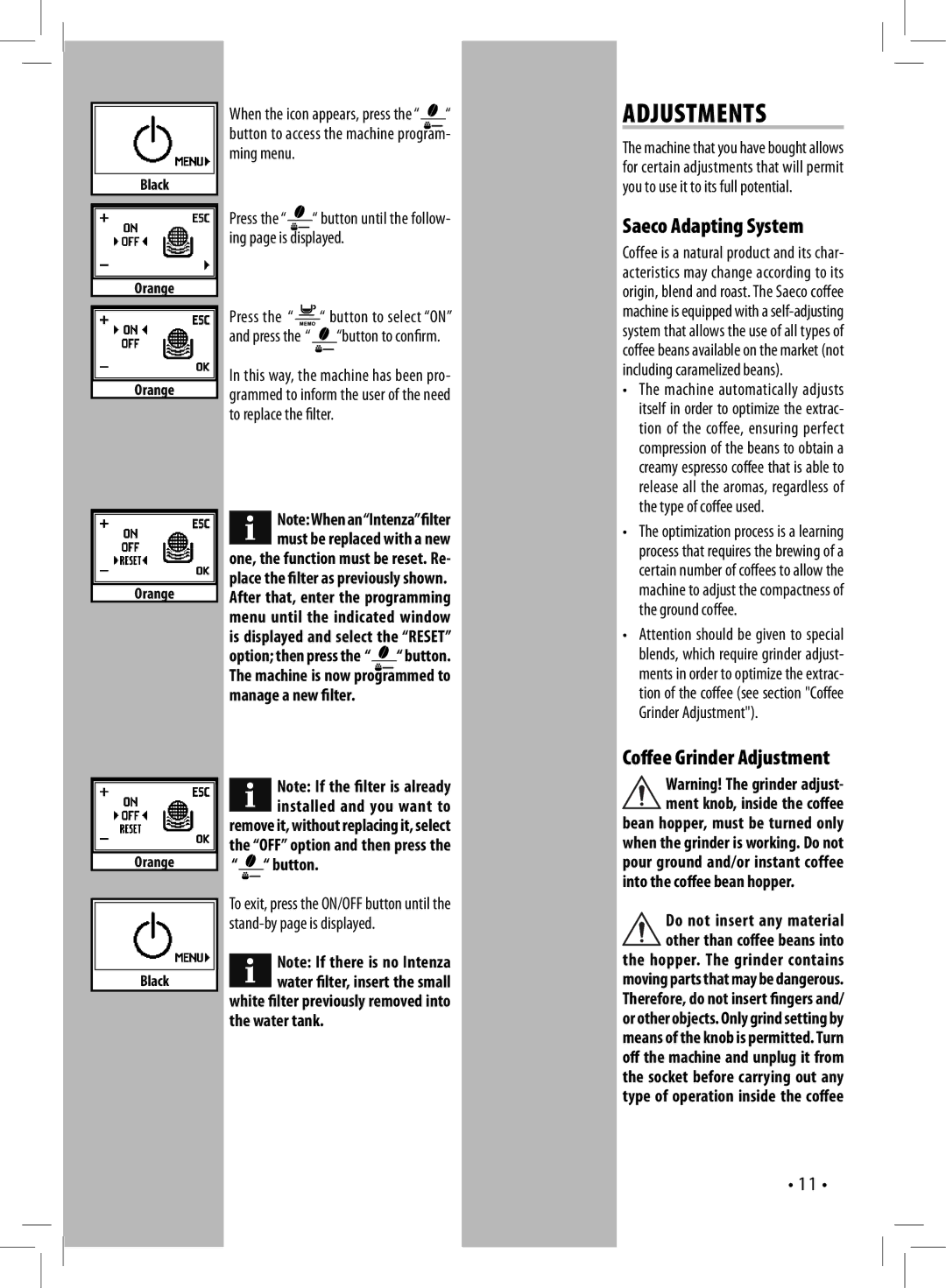 Saeco Coffee Makers HD8837, HD8836 manual Adjustments, Saeco Adapting System, Coffee Grinder Adjustment 