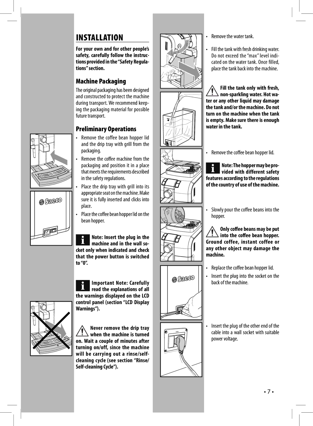 Saeco Coffee Makers HD8837, HD8836 manual Installation, Machine Packaging, Preliminary Operations 