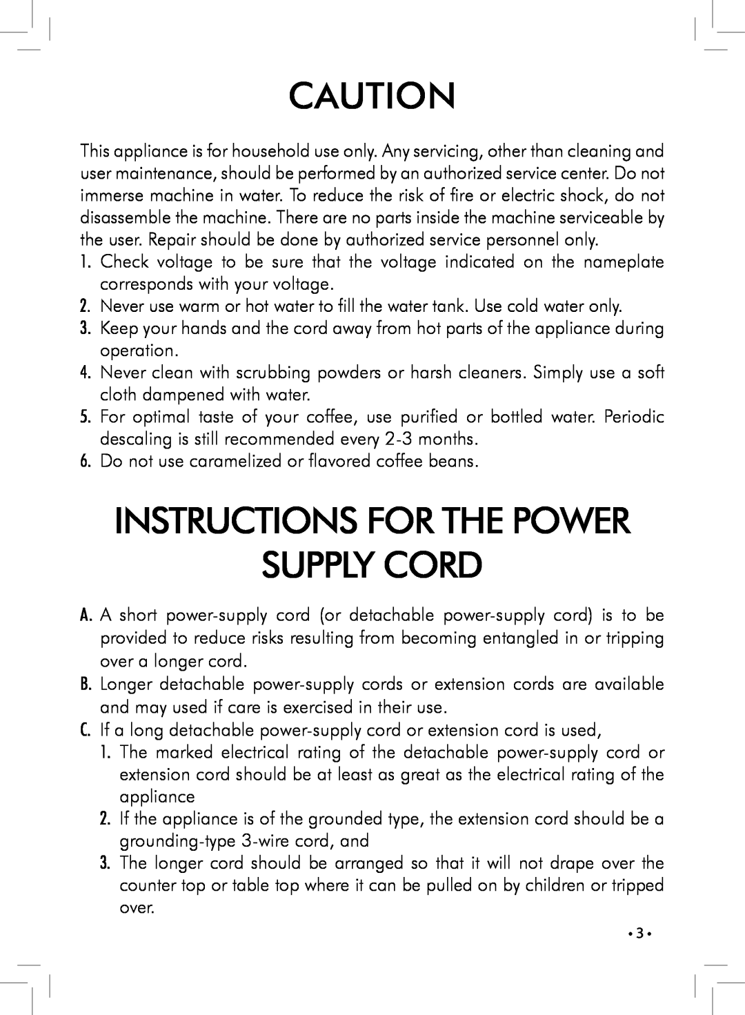 Saeco Coffee Makers HD8837, HD8836 manual Instructions For The Power Supply Cord 