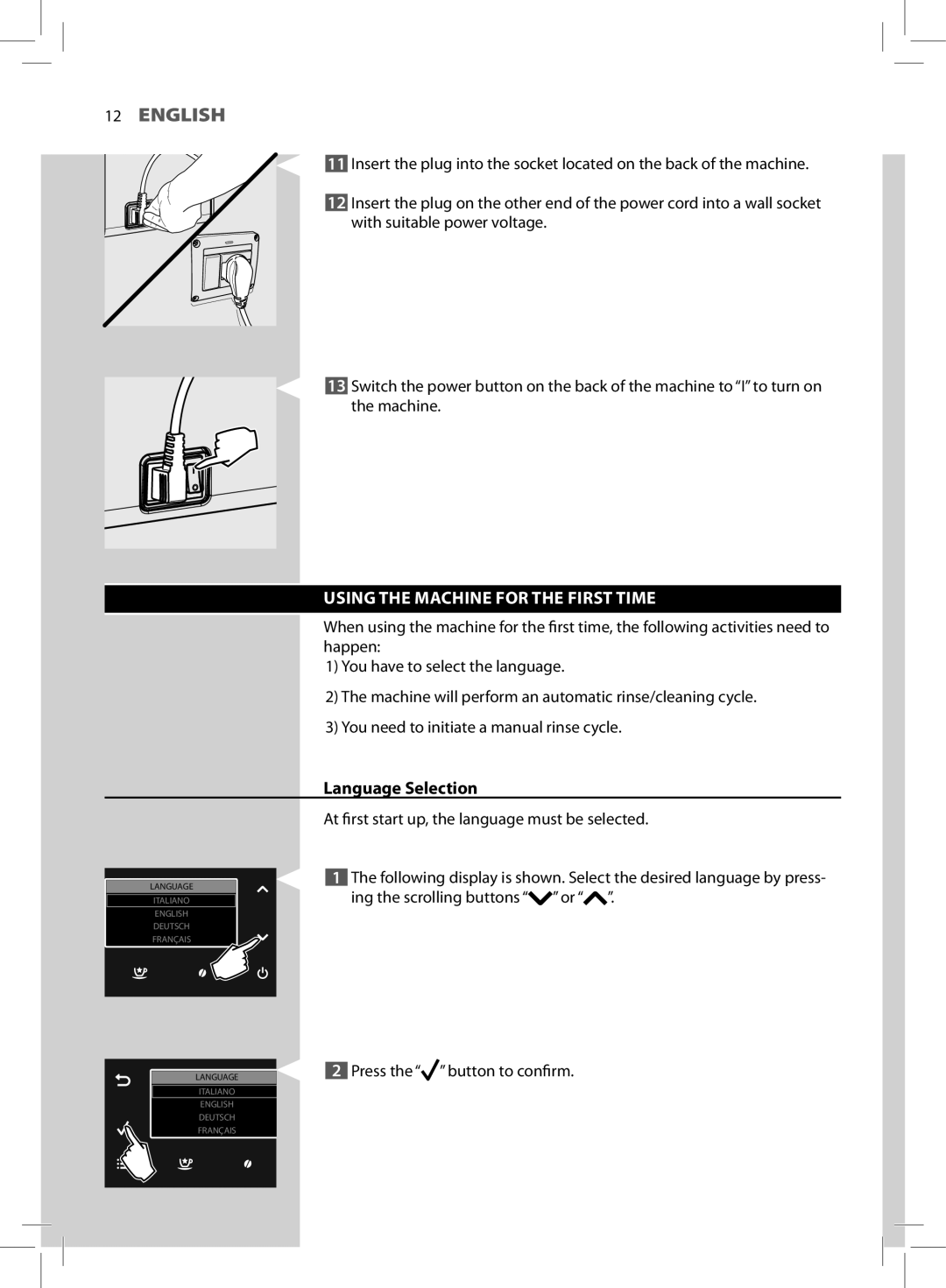 Saeco Coffee Makers HD8966 manual Using the Machine for the First Time, Language Selection 