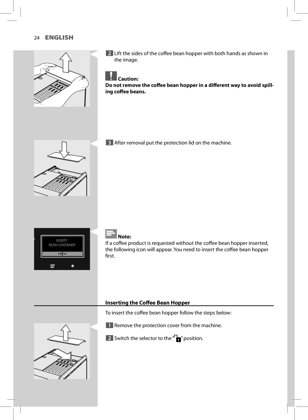 Saeco Coffee Makers HD8966 manual Inserting the Coffee Bean Hopper 