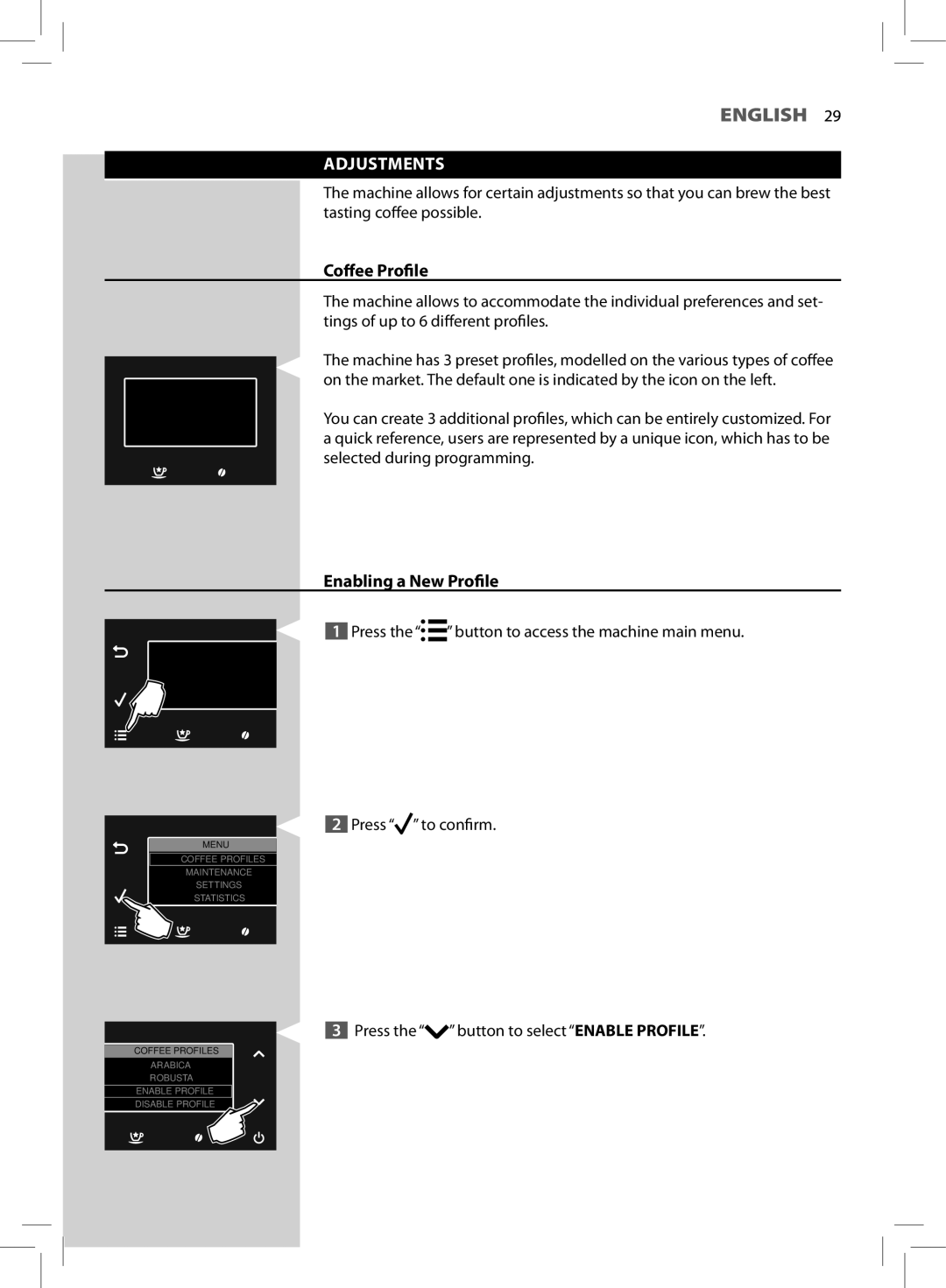 Saeco Coffee Makers HD8966 manual Adjustments, Coffee Profile, Enabling a New Profile 