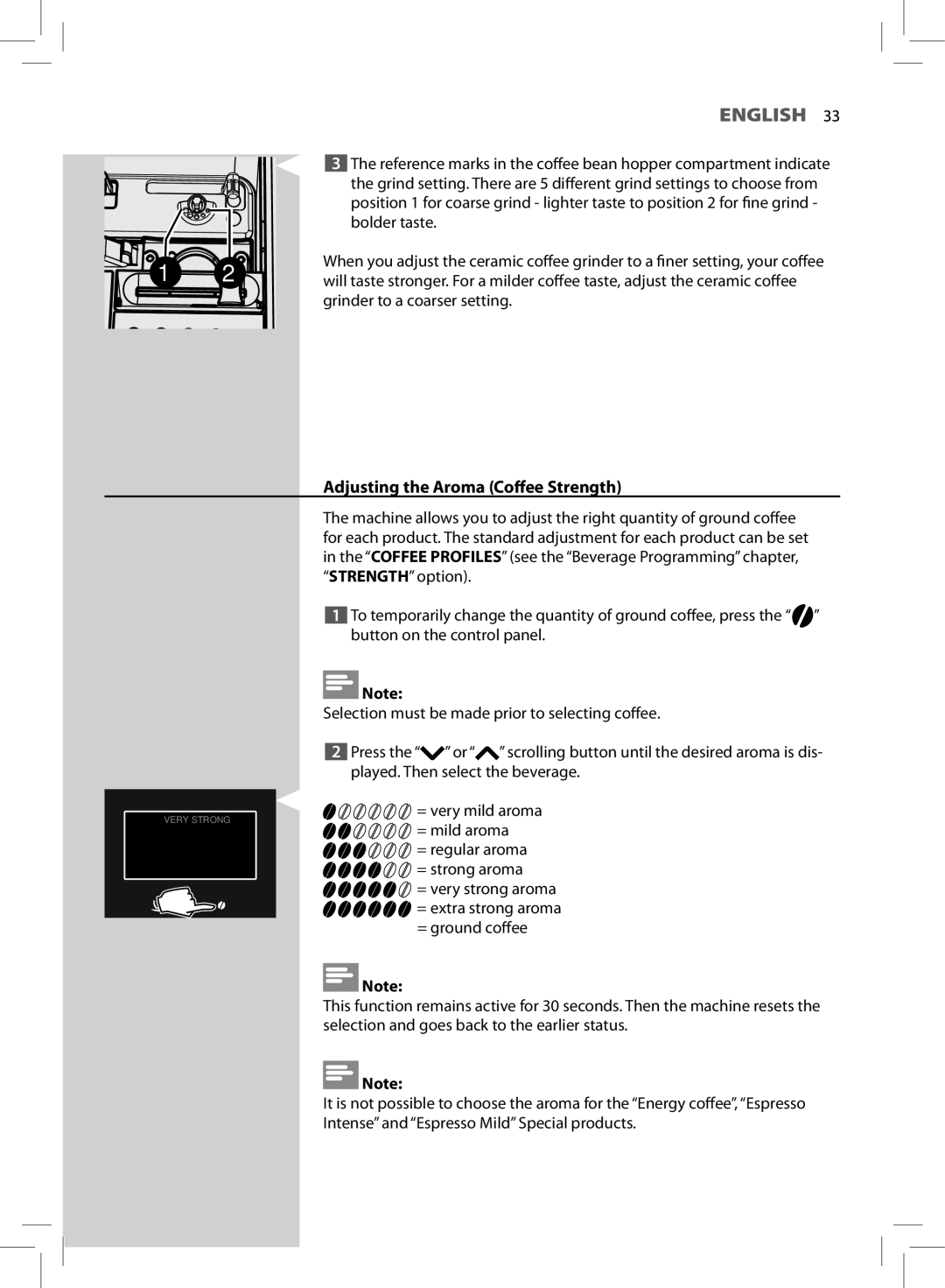 Saeco Coffee Makers HD8966 manual Adjusting the Aroma Coffee Strength 