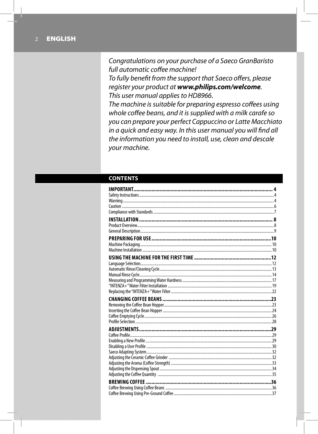 Saeco Coffee Makers HD8966 manual Contents 