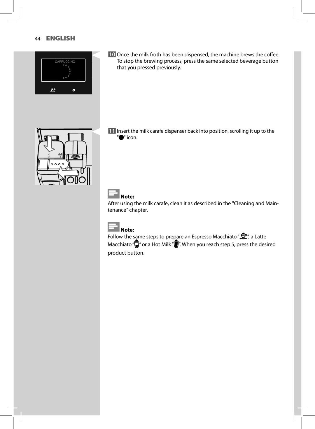 Saeco Coffee Makers HD8966 manual Cappuccino 