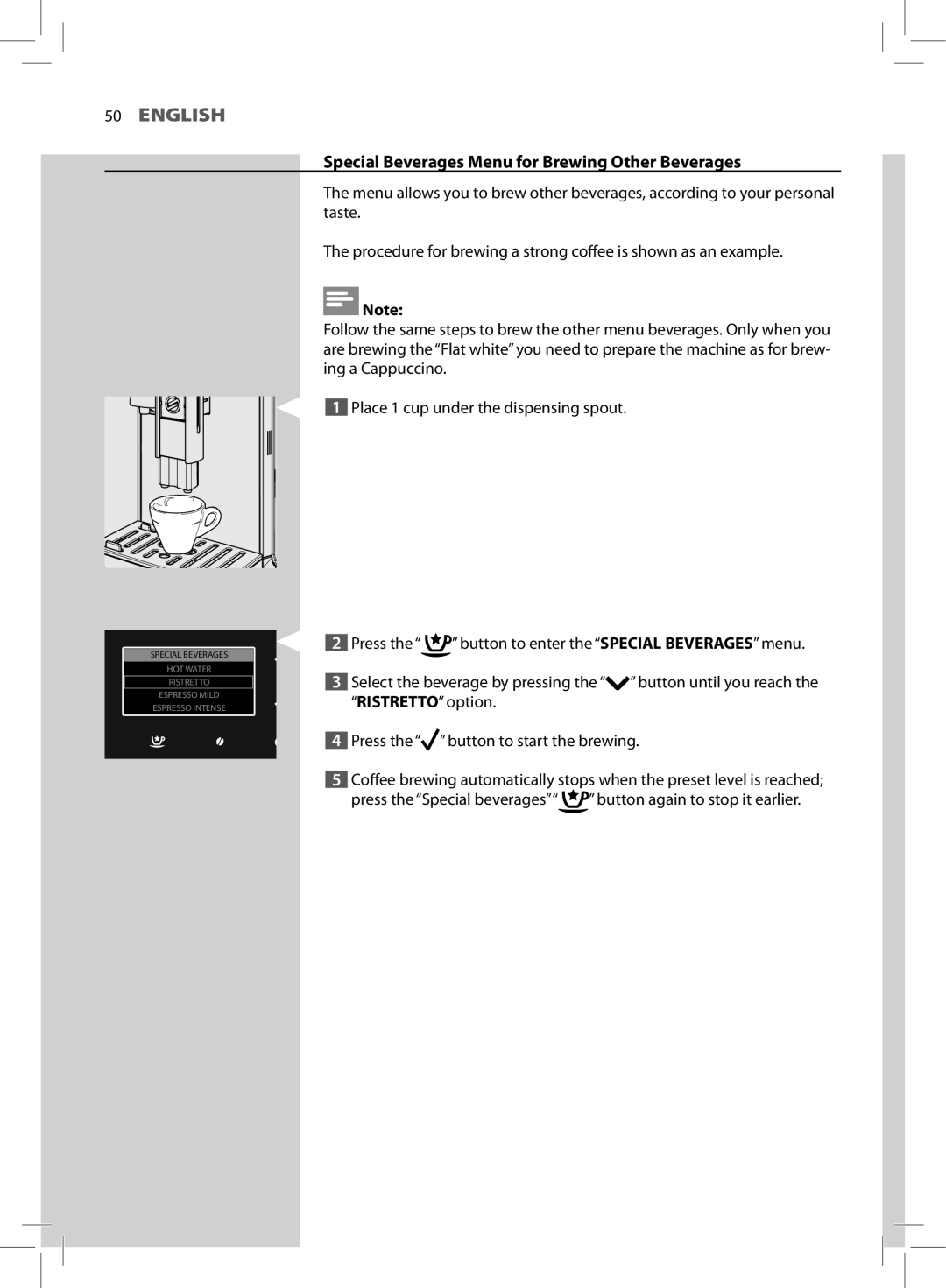 Saeco Coffee Makers HD8966 manual Special Beverages Menu for Brewing Other Beverages 