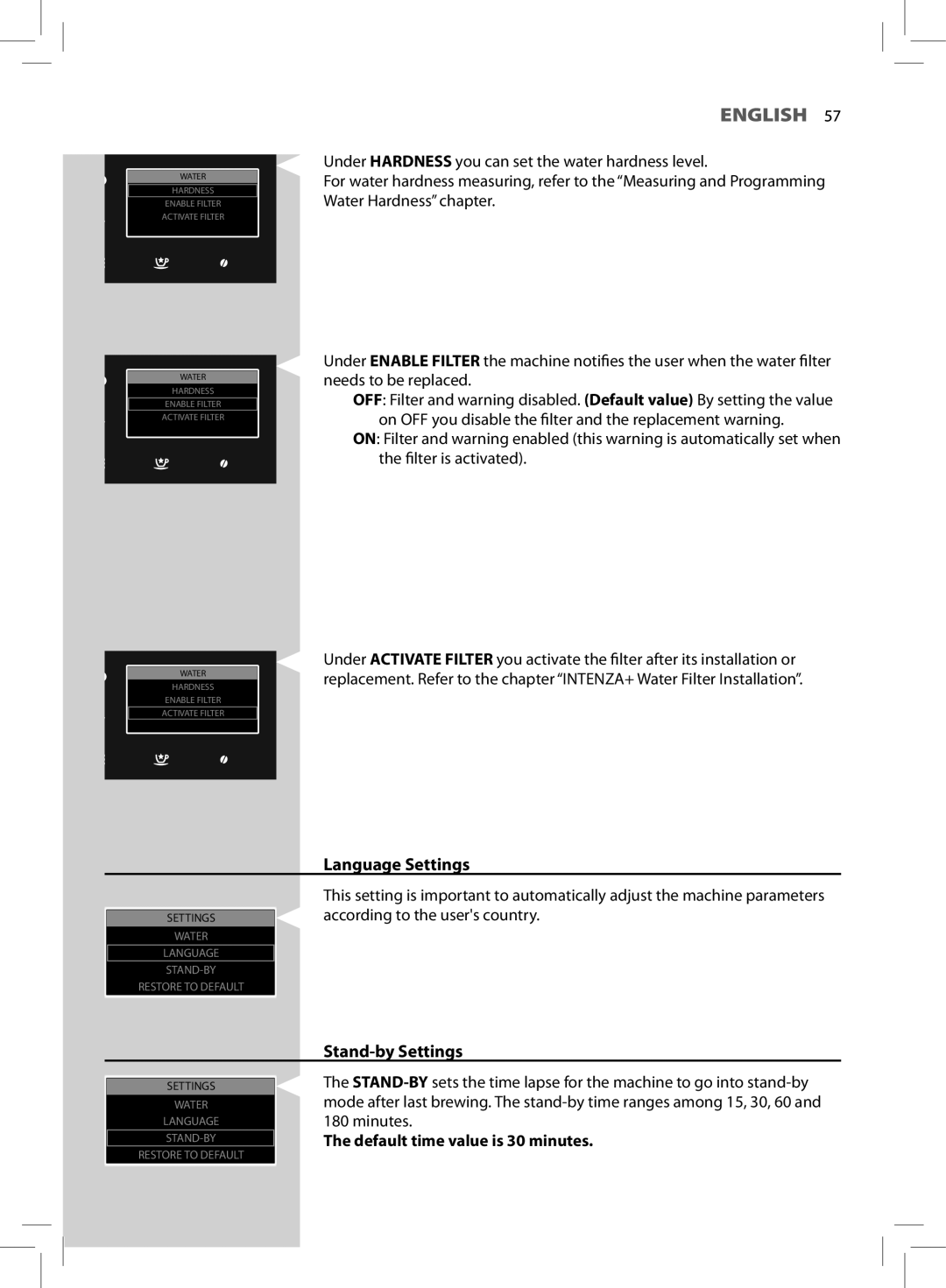 Saeco Coffee Makers HD8966 manual Language Settings, Stand-by Settings 