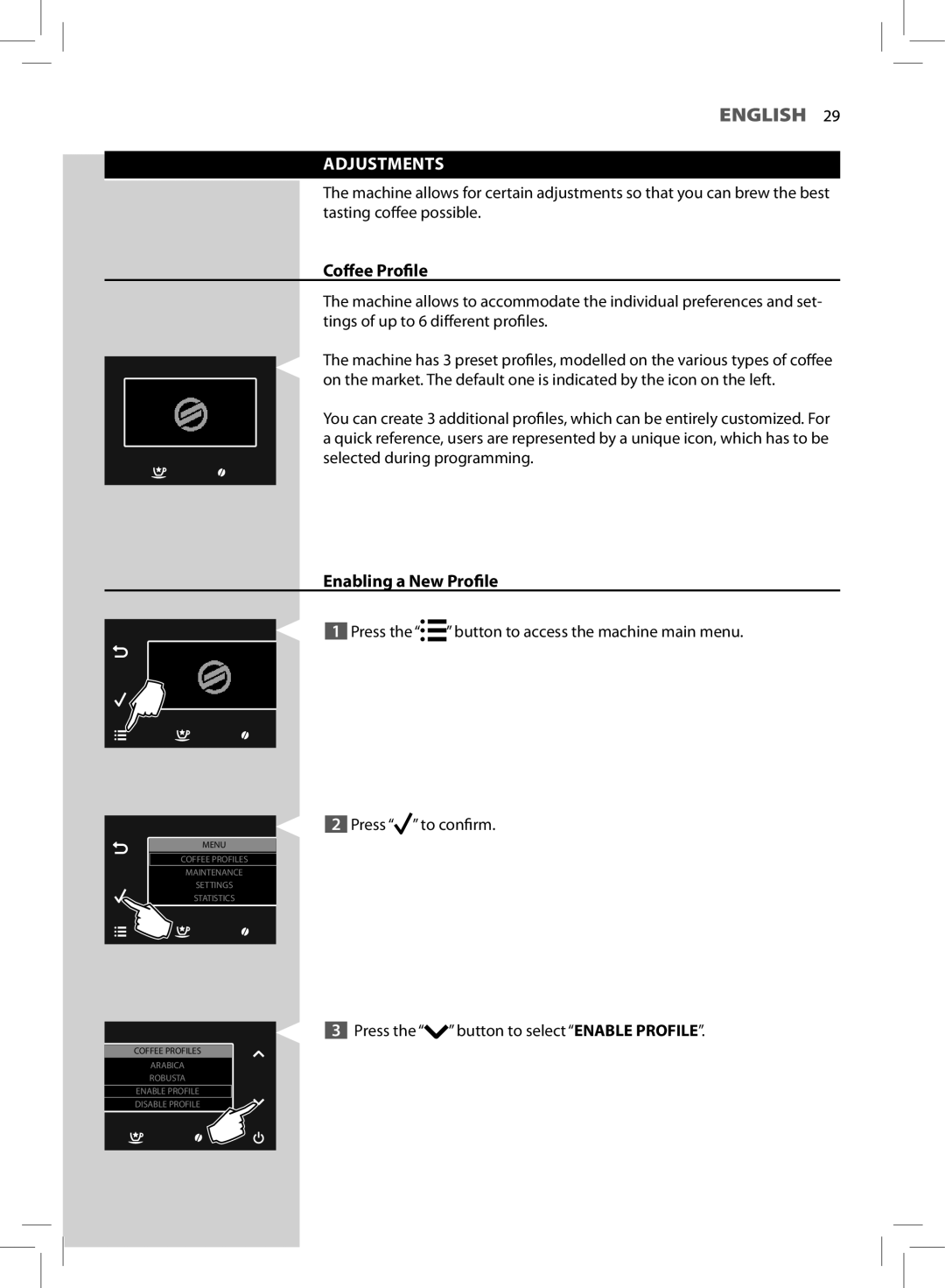 Saeco Coffee Makers HD8966 manual Adjustments, Coffee Profile, Enabling a New Profile 