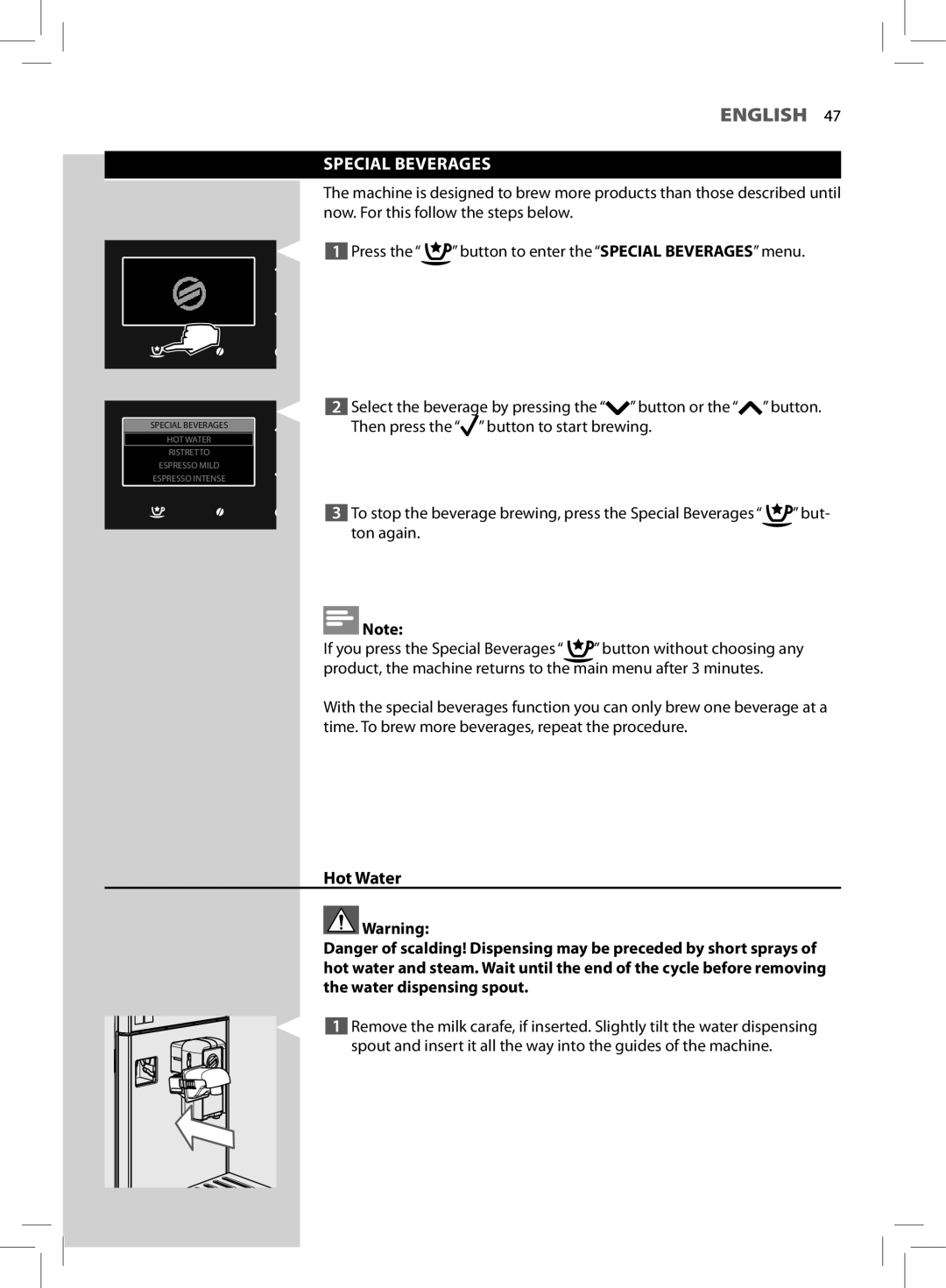 Saeco Coffee Makers HD8966 manual Special Beverages, Hot Water 