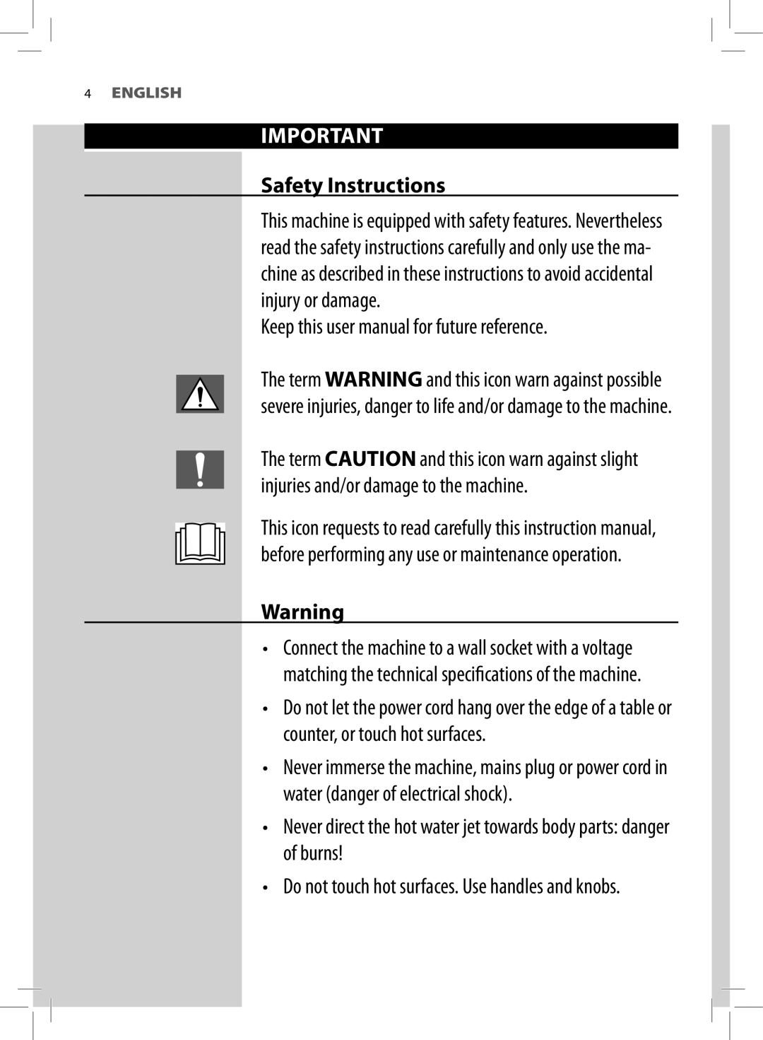 Saeco Coffee Makers HD8966 manual Safety Instructions 